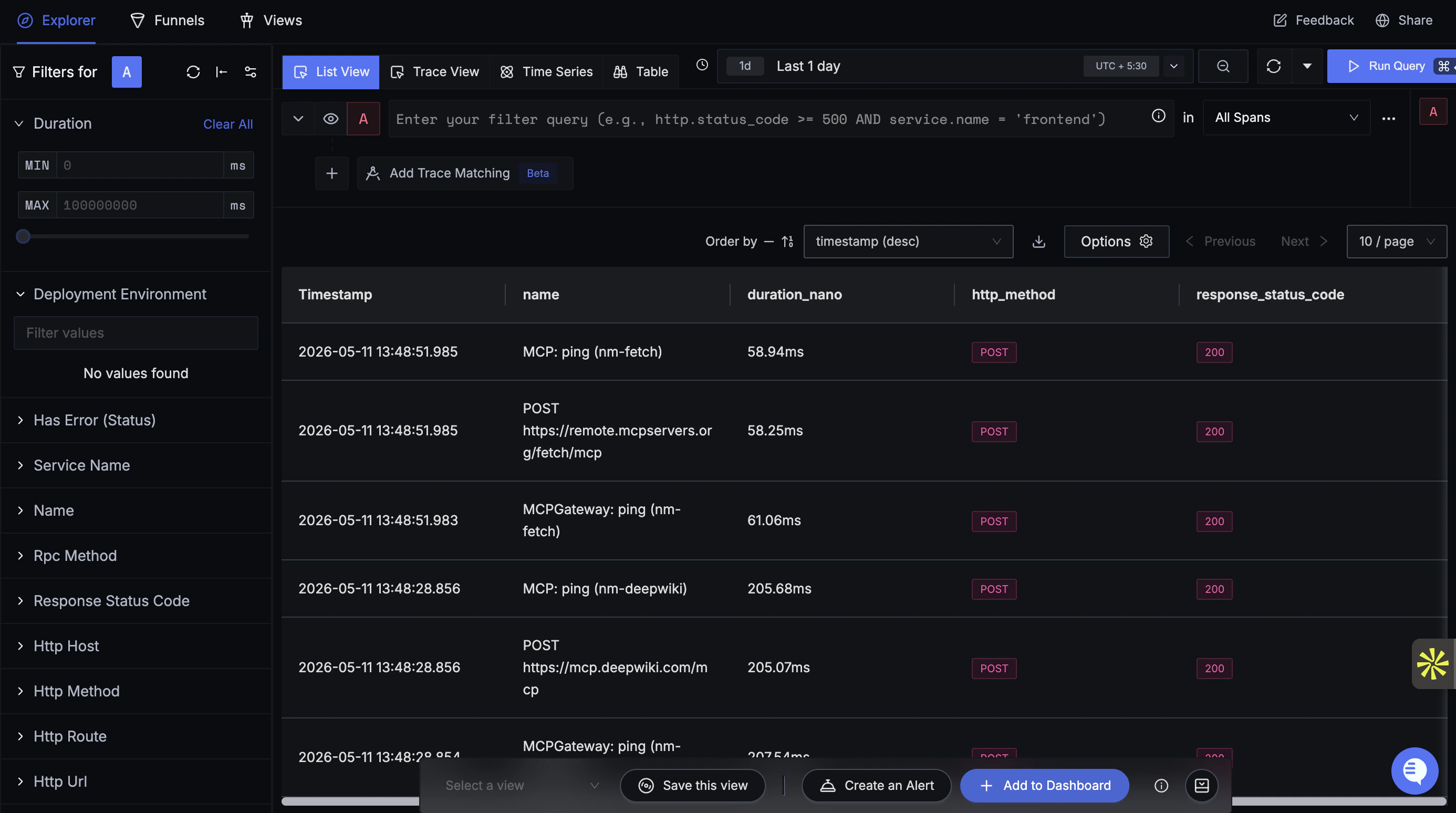 SigNoz Traces page showing LLM call traces exported from TrueFoundry AI Gateway