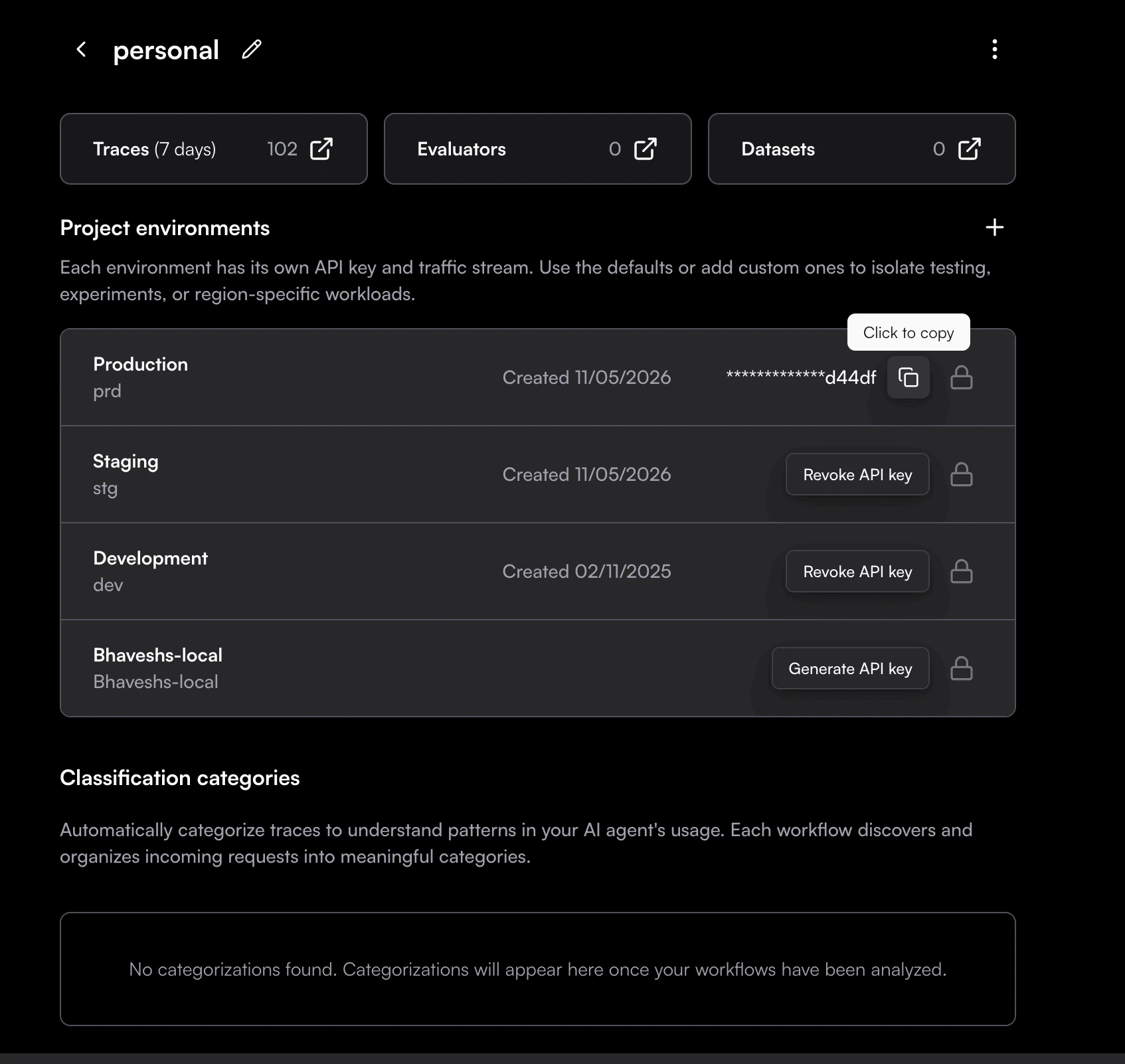 Traceloop Environments Management page showing the Generate API Key button