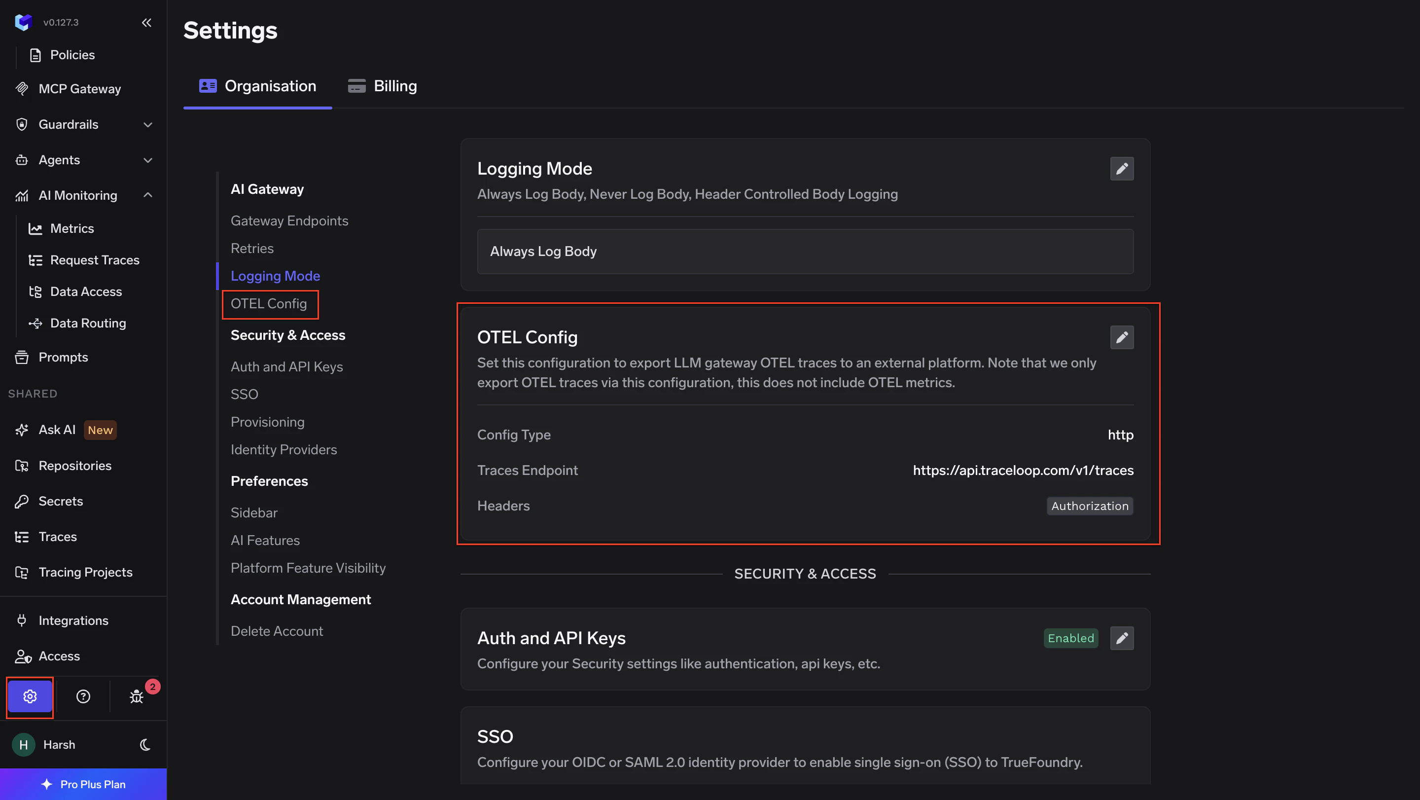 TrueFoundry AI Gateway Settings page showing the OTEL Config section