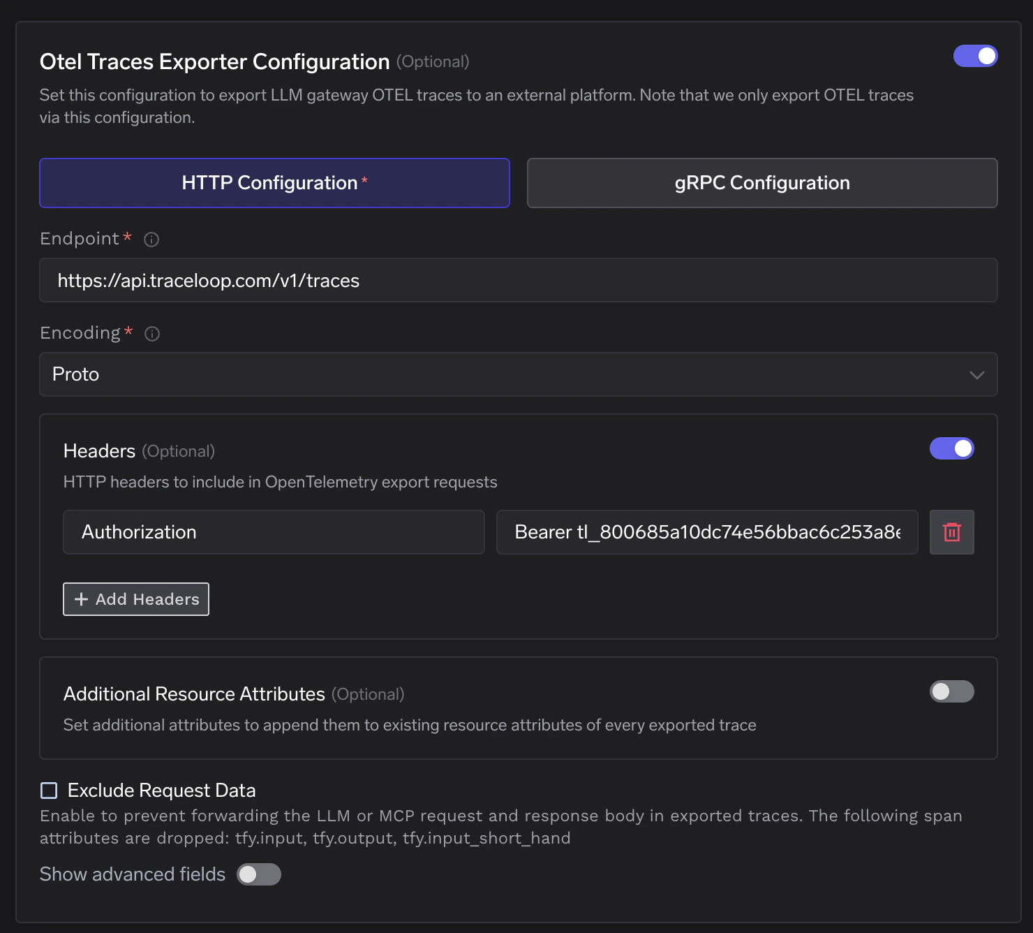 TrueFoundry OTEL Traces Exporter Configuration showing endpoint and Authorization header for Traceloop