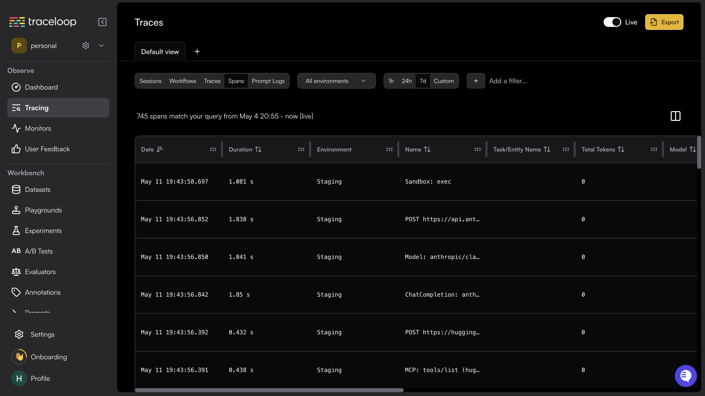 Traceloop traces page showing LLM call traces from TrueFoundry AI Gateway