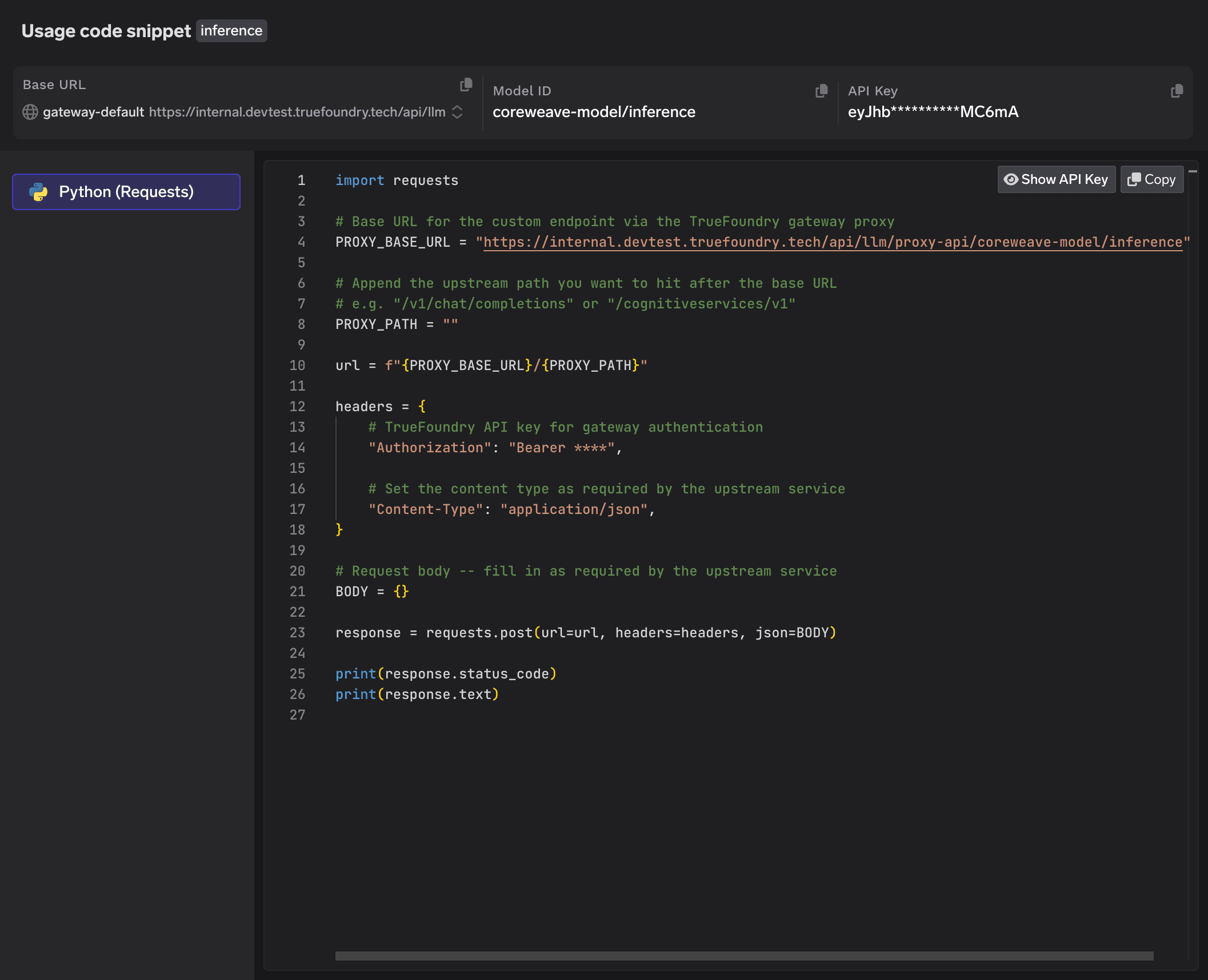 Usage code snippet modal showing Base URL, Model ID, and API Key