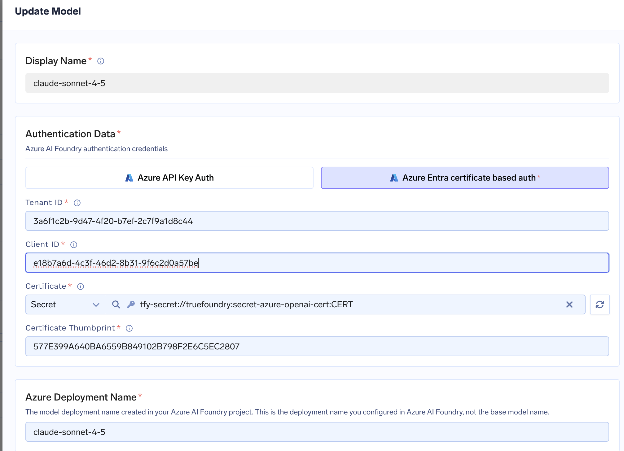 Azure AI Foundry model form with certificate authentication fields