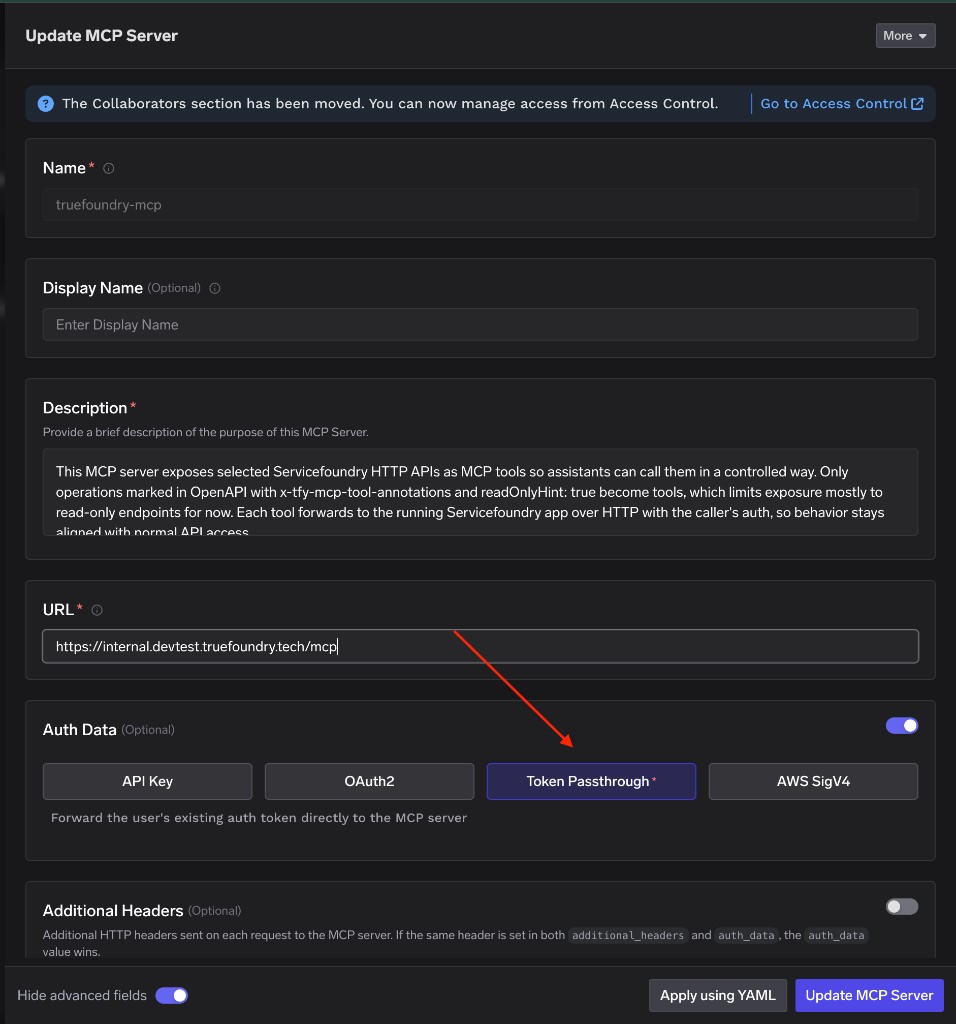 Update MCP Server form with Name truefoundry-mcp, URL pointing to the control plane /mcp endpoint, and Token Passthrough selected under Auth Data.