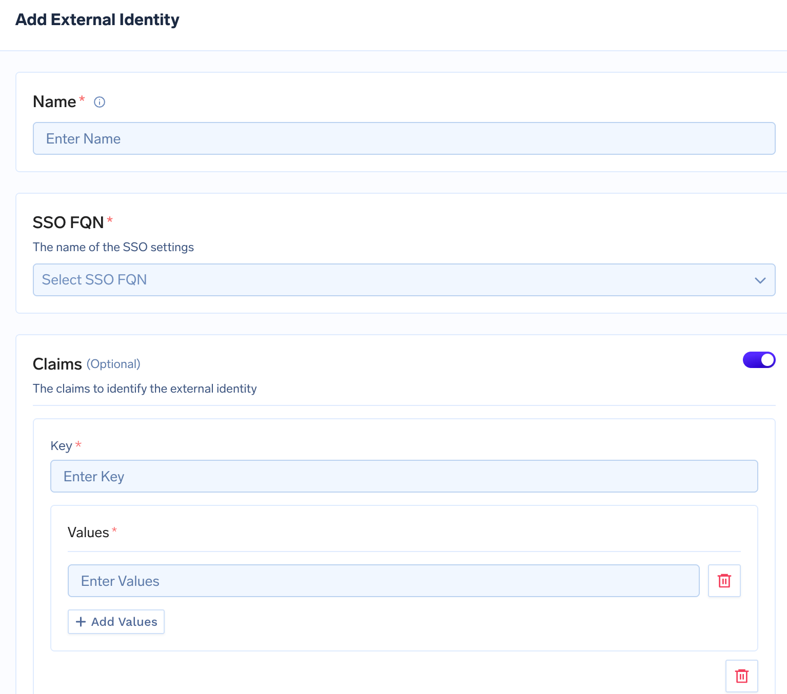 Add External Identity form showing Name, SSO FQN, and Claims fields