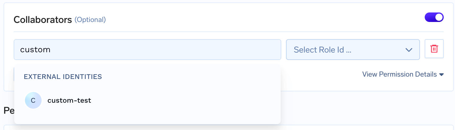 Adding external identity as collaborator showing the selection interface