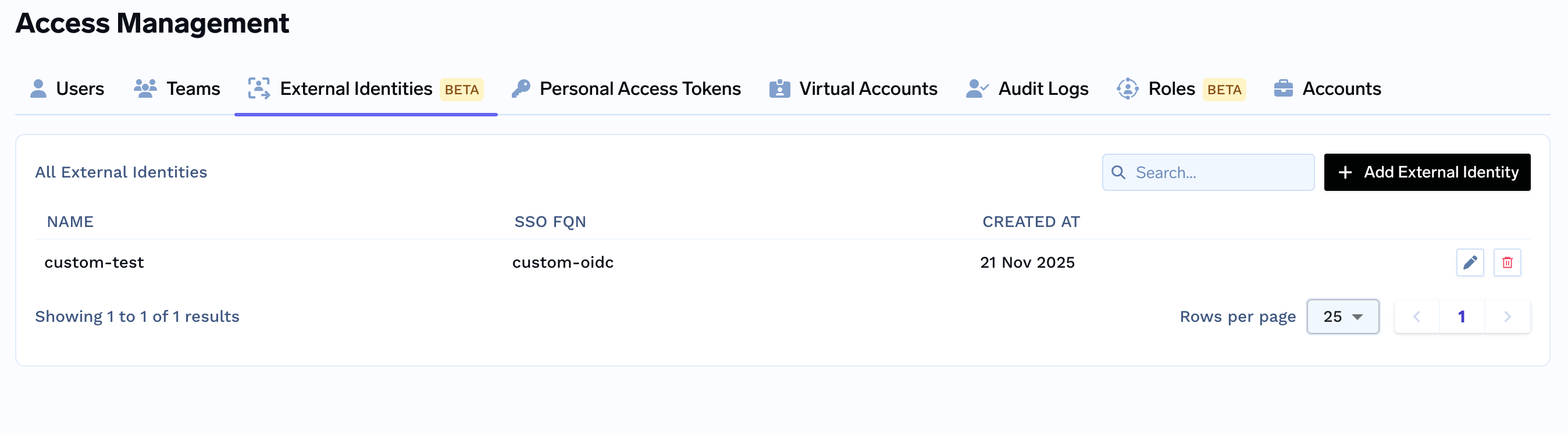 List of external identities showing available identities