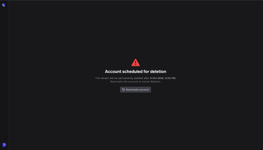 Account scheduled for deletion screen for tenant admins with a Reactivate account button