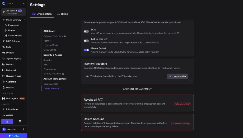 Organisation settings showing the Delete Account section with a Request Deletion button