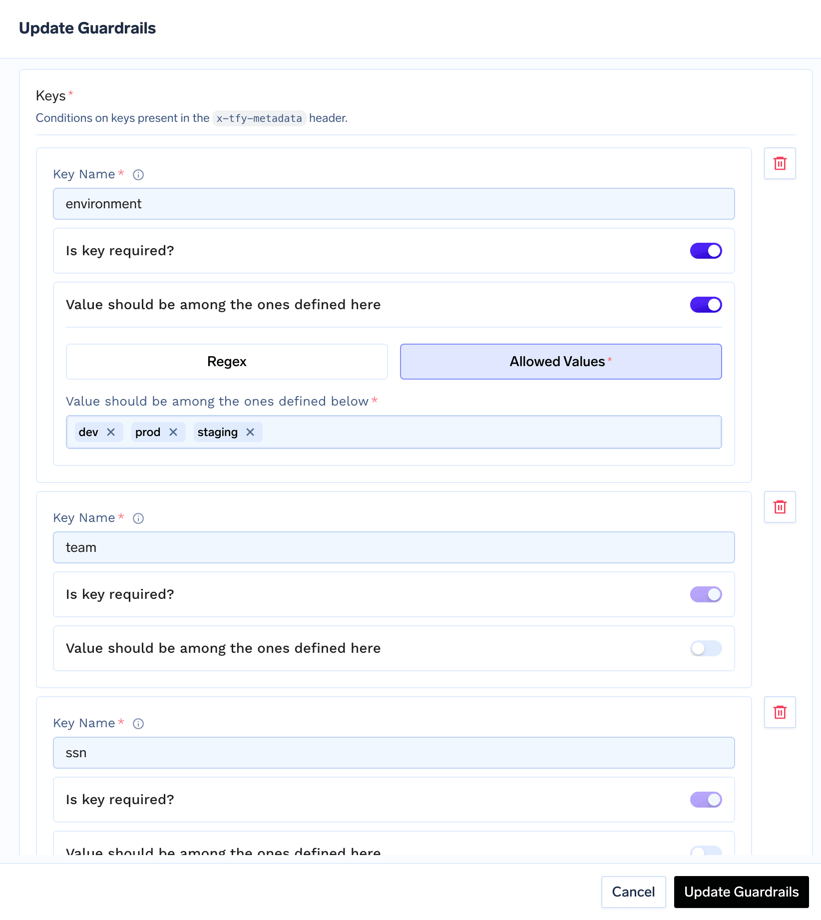 Metadata Validation configuration form showing per-key rules with the Is key required toggle, Value should be among the ones defined here toggle, and Regex or Allowed Values constraints