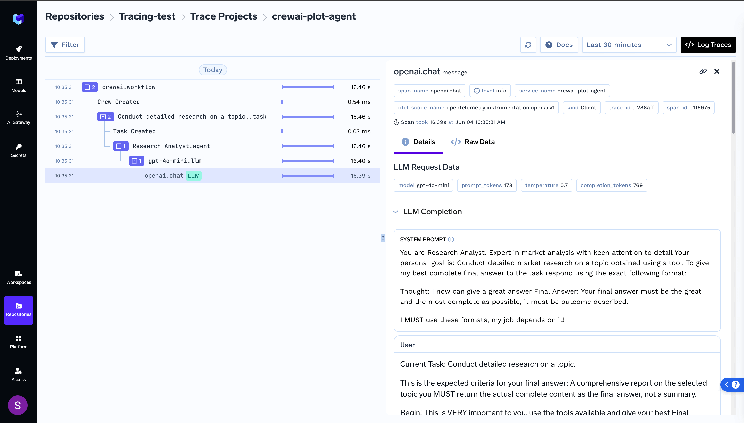 TrueFoundry tracing visualization showing CrewAI agent interactions and request flow