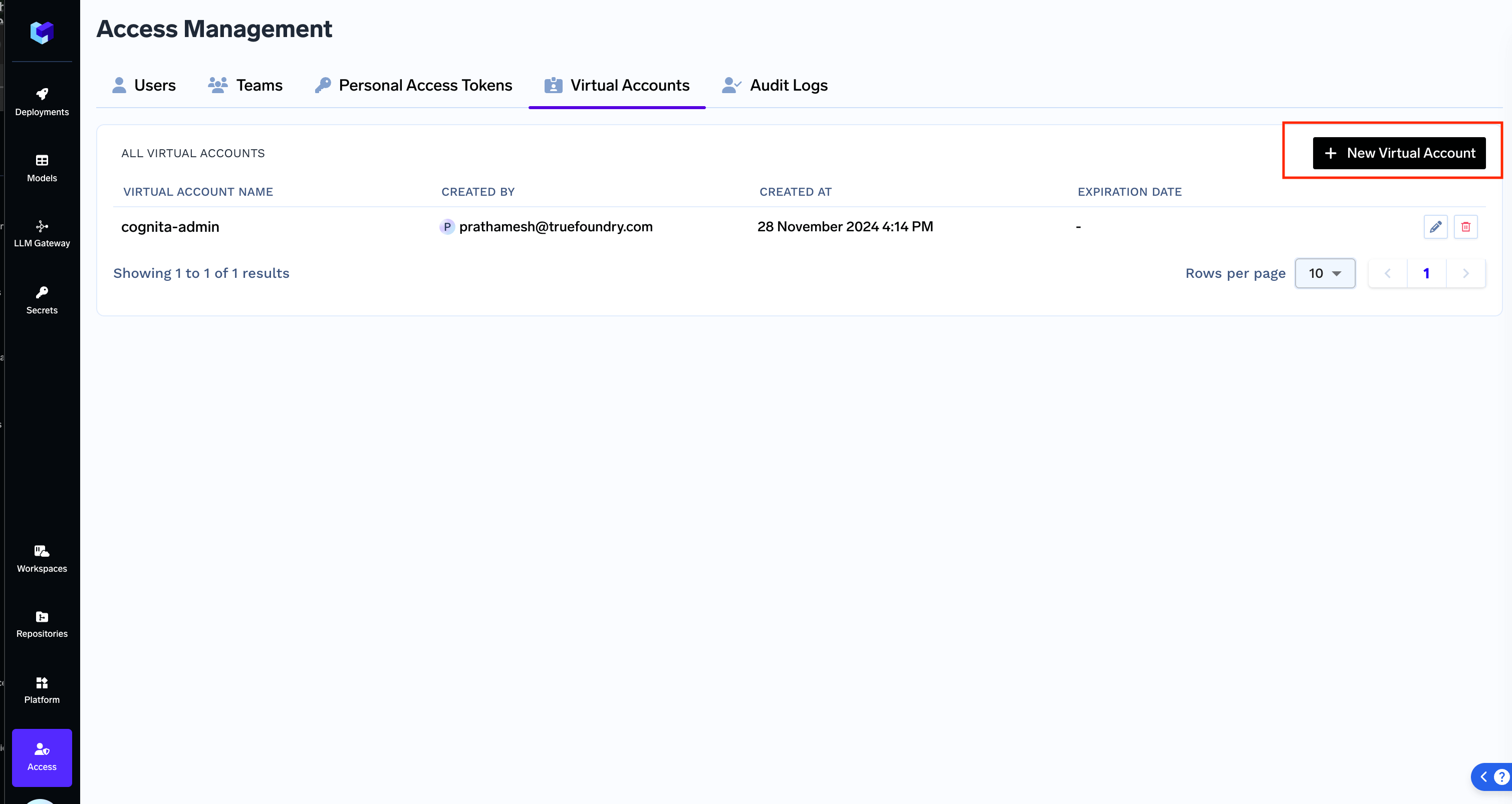 Virtual Account Token section in TrueFoundry access management dashboard