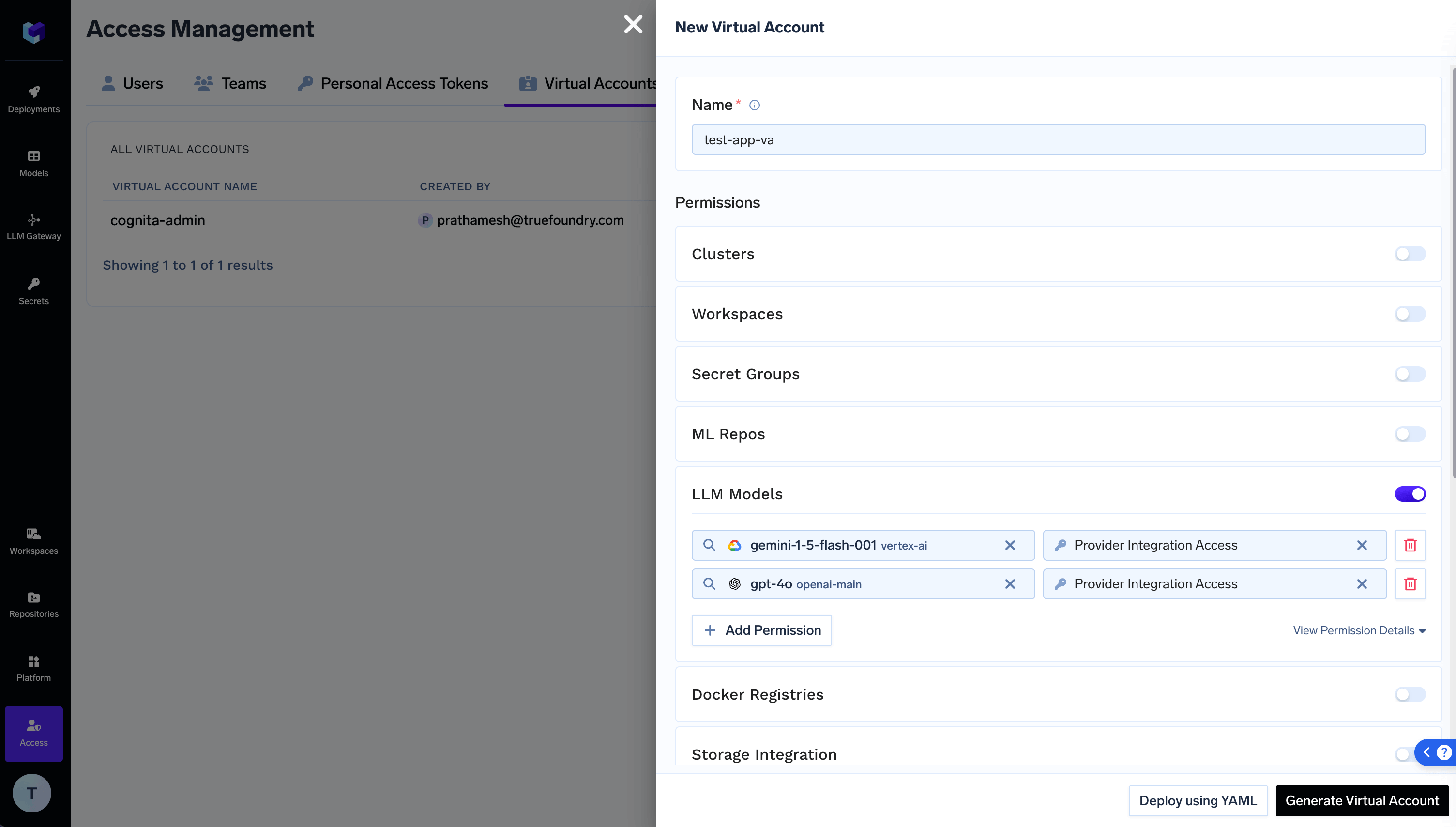 Virtual Account Token creation form with name and model selection fields