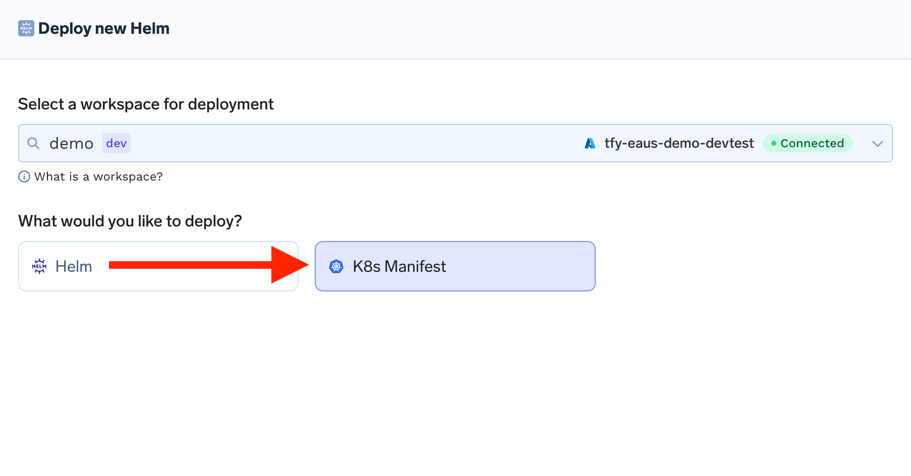 Deploy new Helm modal showing K8s Manifest option selected