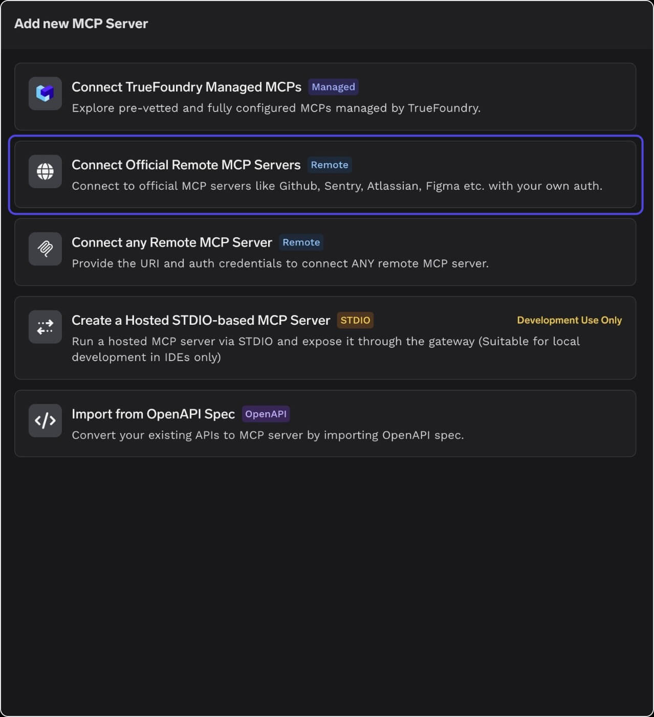 Add new MCP Server picker with the Connect Official Remote MCP Servers option highlighted