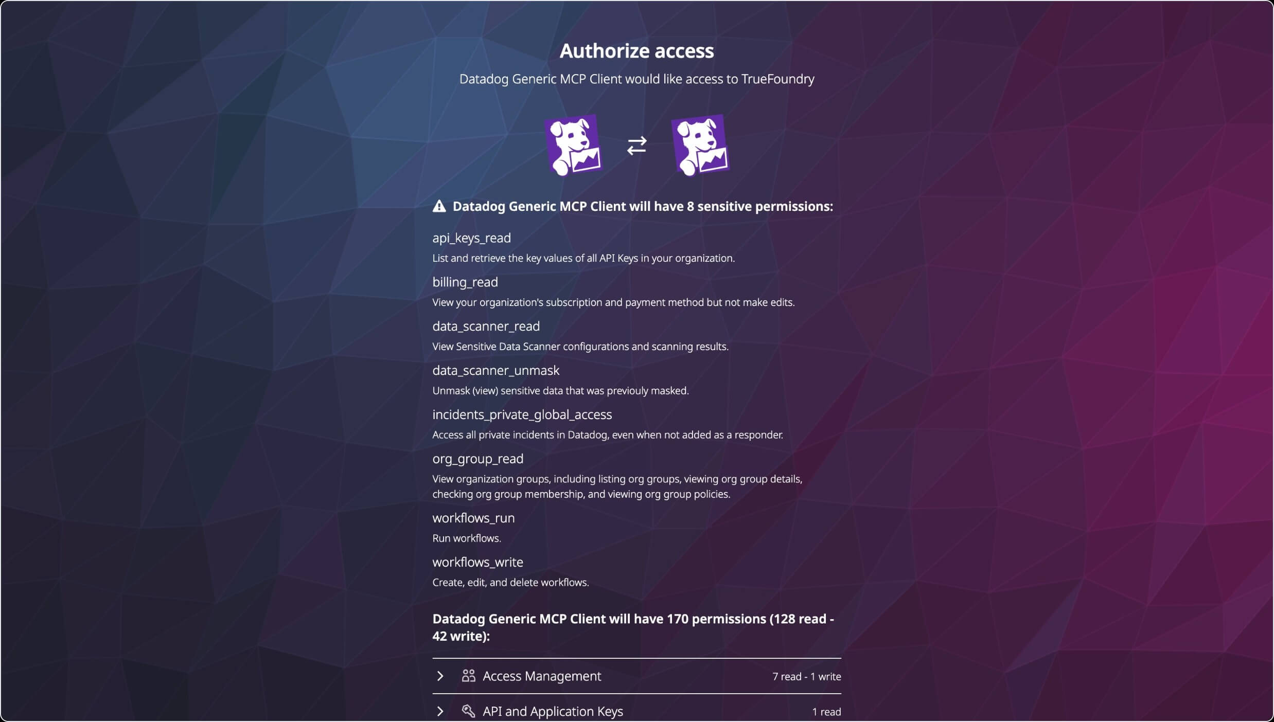 Datadog Authorize access screen listing the sensitive permissions the MCP client requests and the total permission count