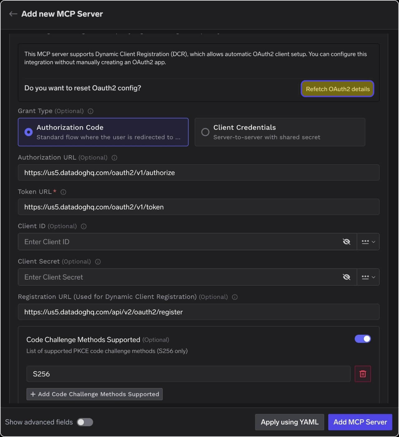 OAuth2 config panel showing the Dynamic Client Registration banner, Refetch OAuth2 details button, Grant Type Authorization Code, Authorization URL, Token URL, Registration URL, and Code Challenge Methods Supported set to S256