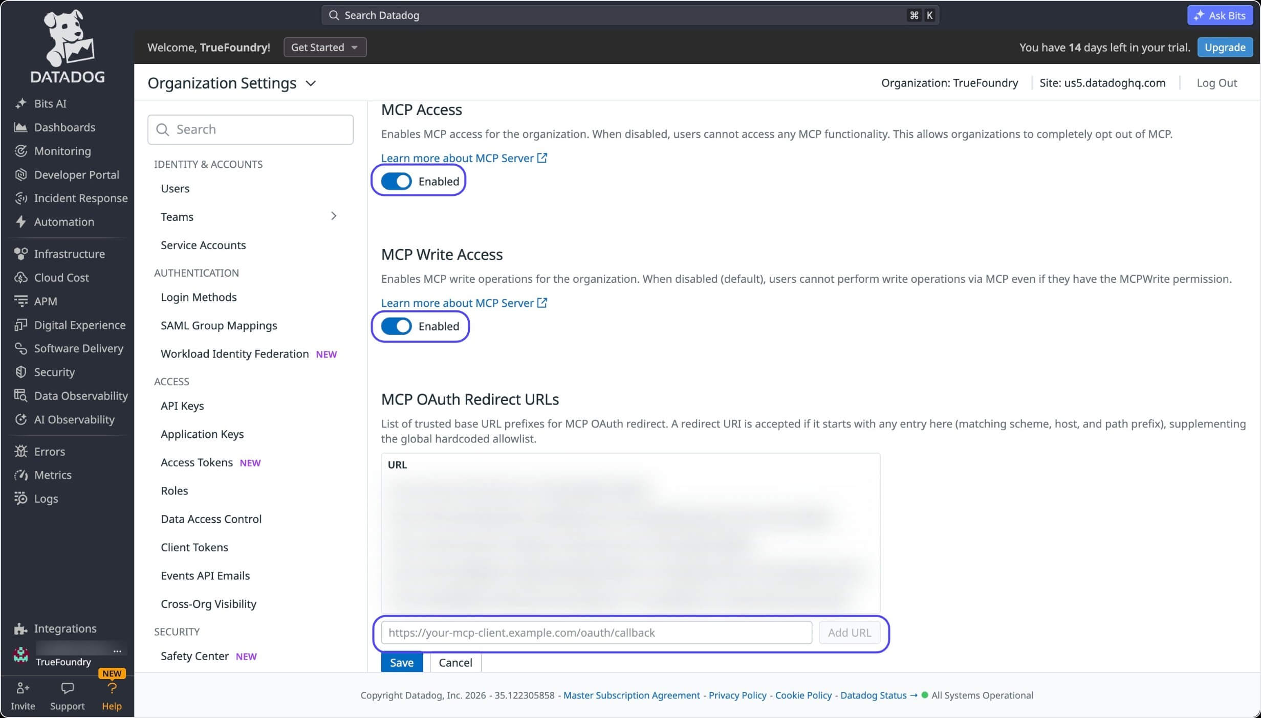 Datadog Organization Settings showing MCP Access and MCP Write Access enabled and the MCP OAuth Redirect URLs section with the Add URL field