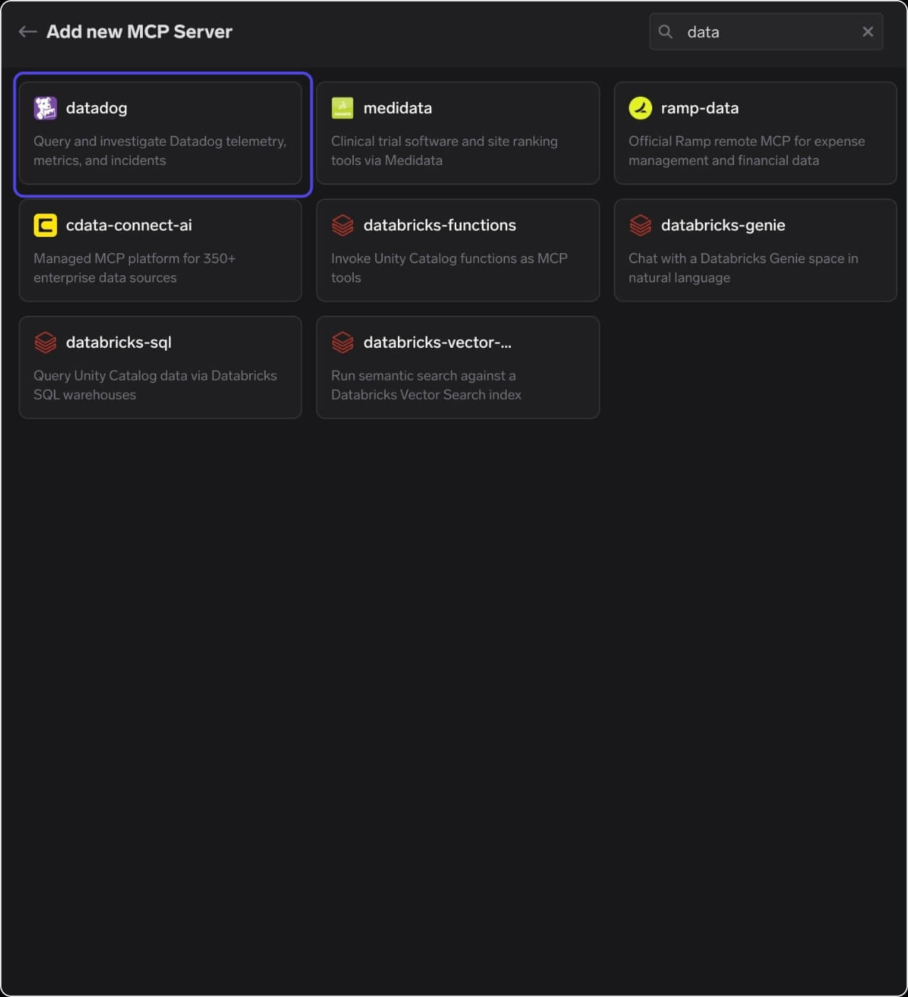 Official remote MCP catalogue search filtered to 'data' showing the datadog card alongside medidata, ramp-data, cdata-connect-ai, and the databricks entries