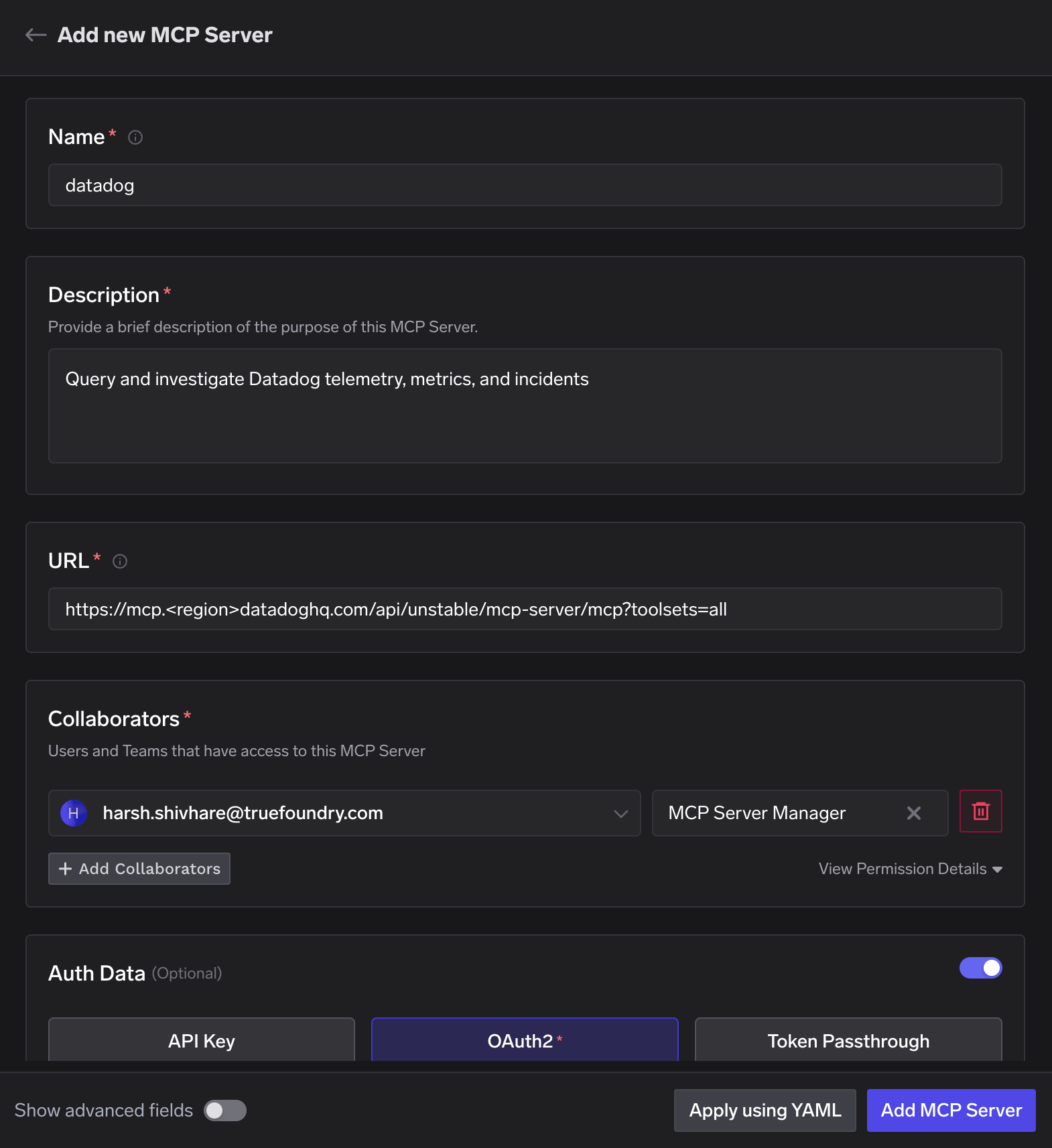Add new MCP Server form showing Name datadog, the description, the URL field with a region placeholder, Collaborators, and the Auth Data toggle set to OAuth2