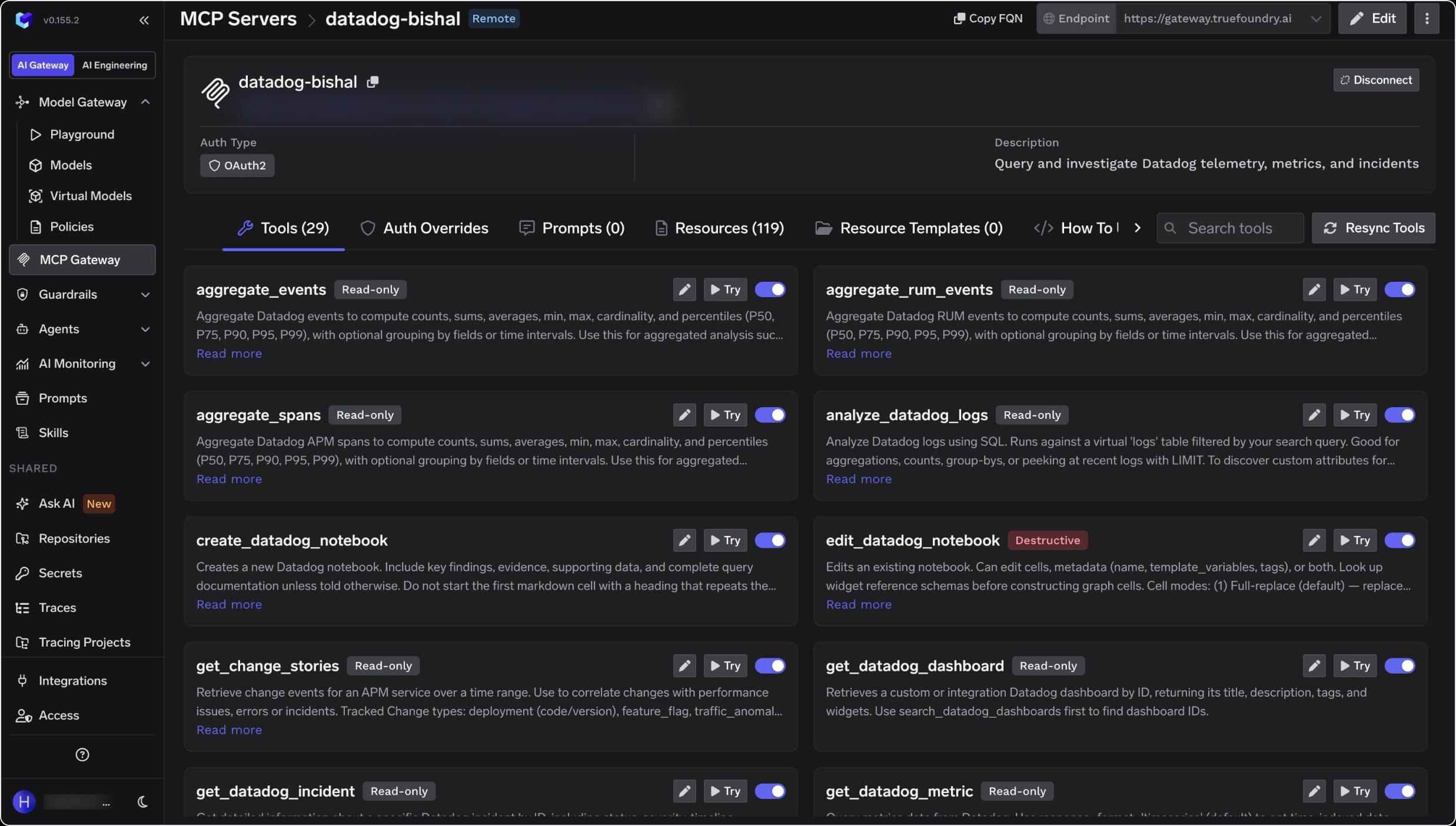 Connected Datadog MCP server detail page showing OAuth2 auth and the Tools tab listing tools such as aggregate_events, aggregate_spans, analyze_datadog_logs, create_datadog_notebook, get_datadog_dashboard, and get_datadog_incident