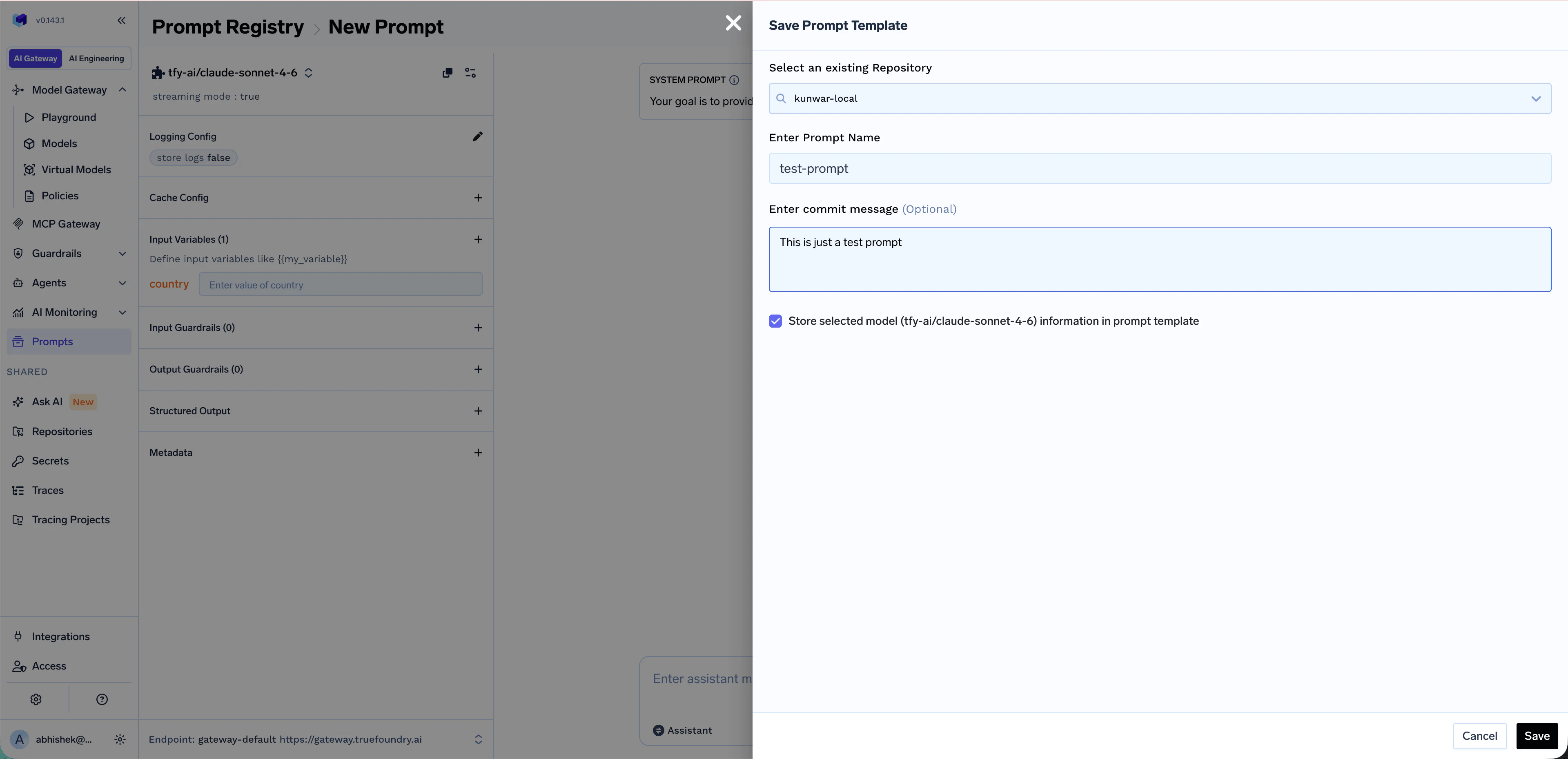 Save Prompt Template side panel with Repository dropdown set to kunwar-local, Prompt Name set to test-prompt, an optional commit message, and the checkbox to store model information in the template