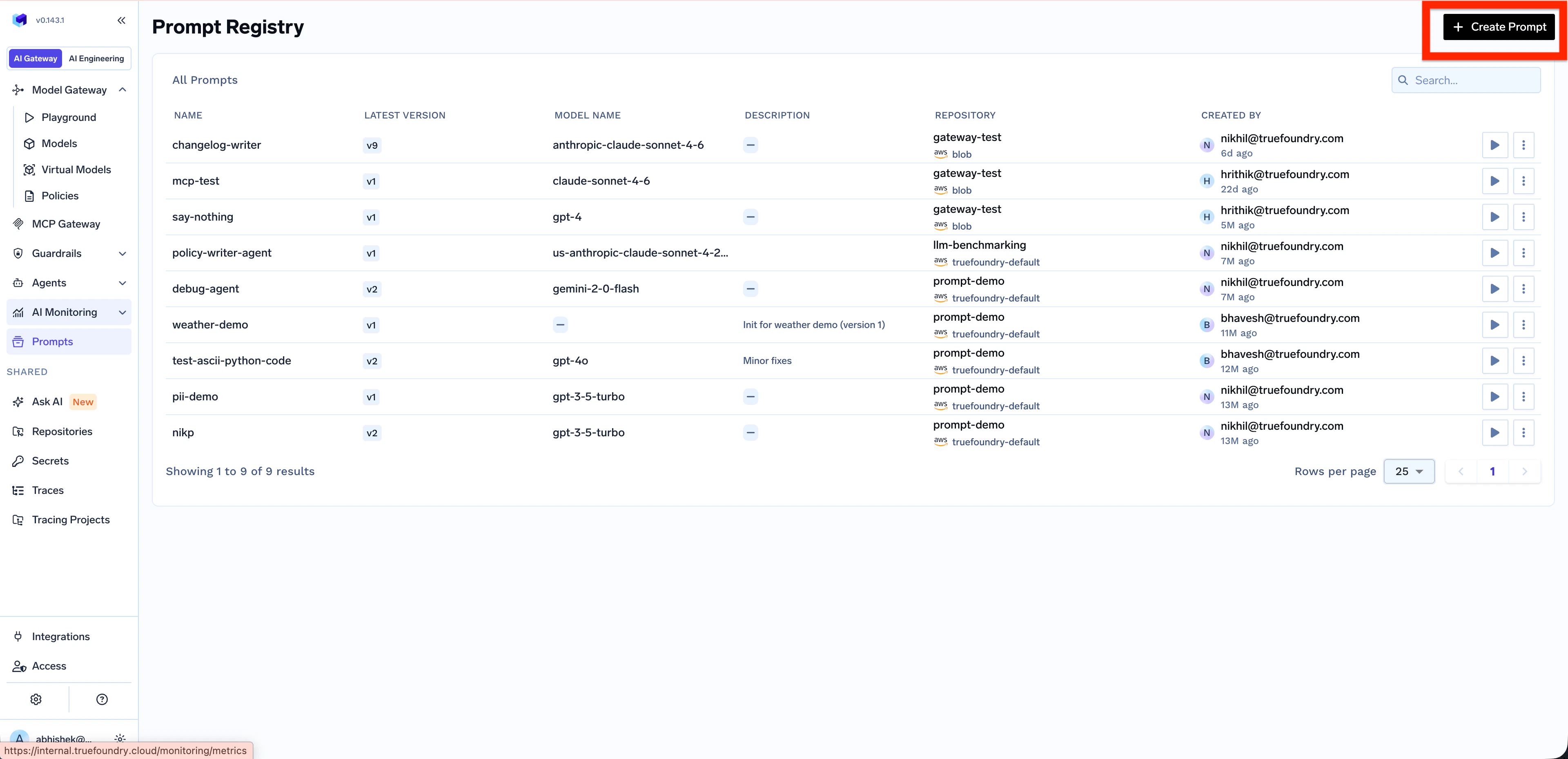 Prompt Registry showing the list of saved prompts with the Create Prompt button highlighted in the top right