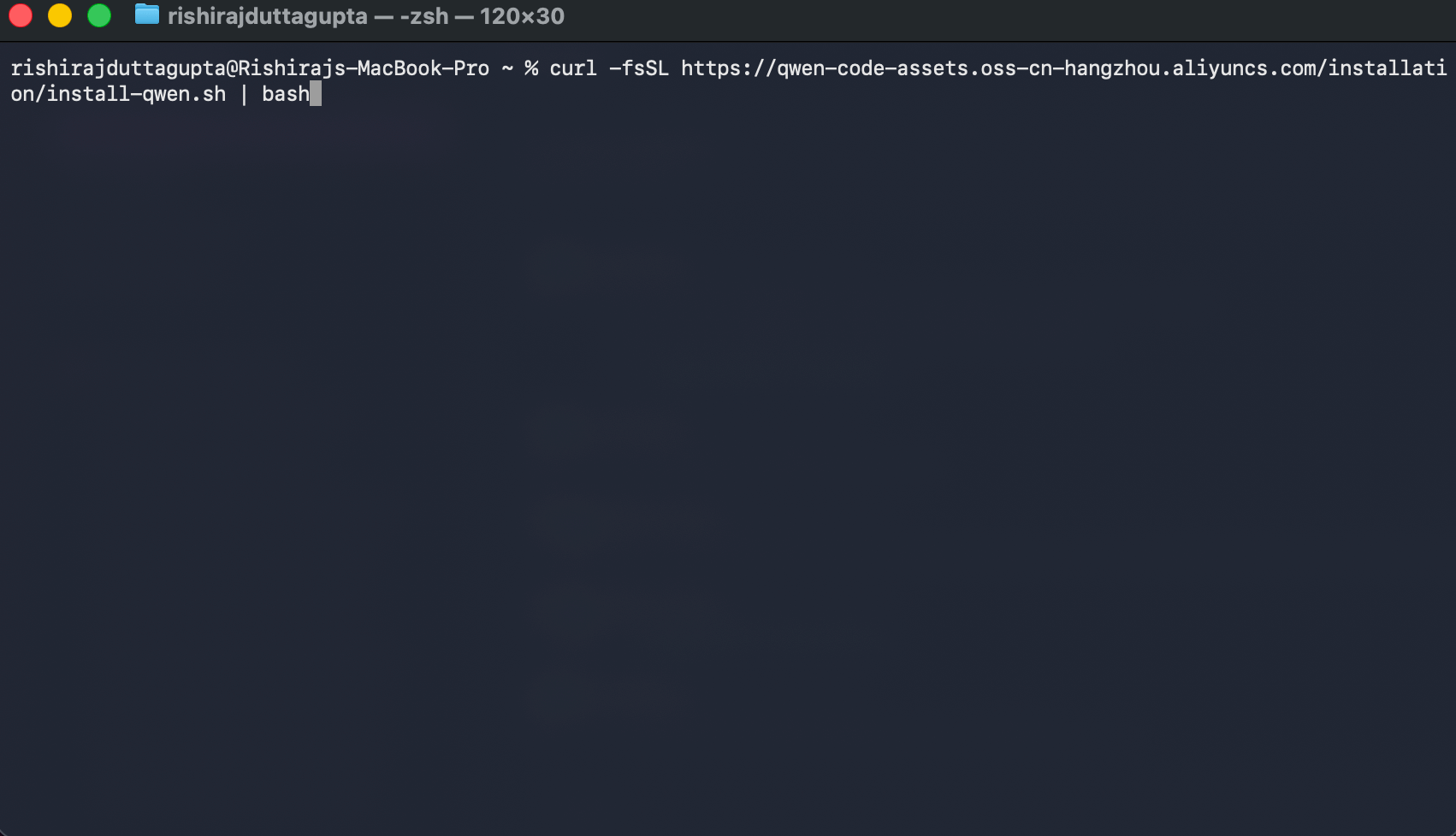 Terminal showing curl command to install Qwen Code CLI