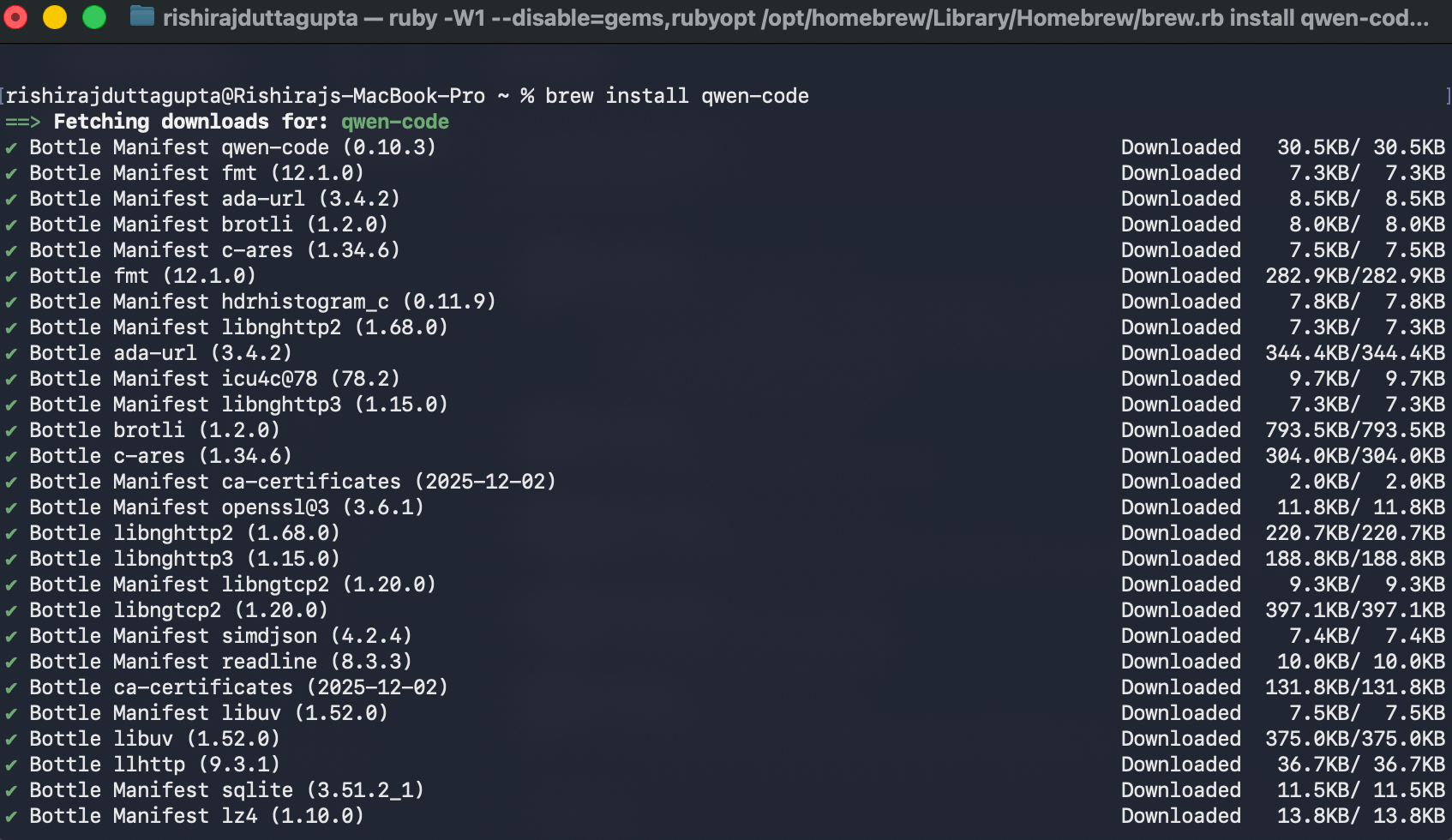 Terminal showing brew install qwen-code fetching packages