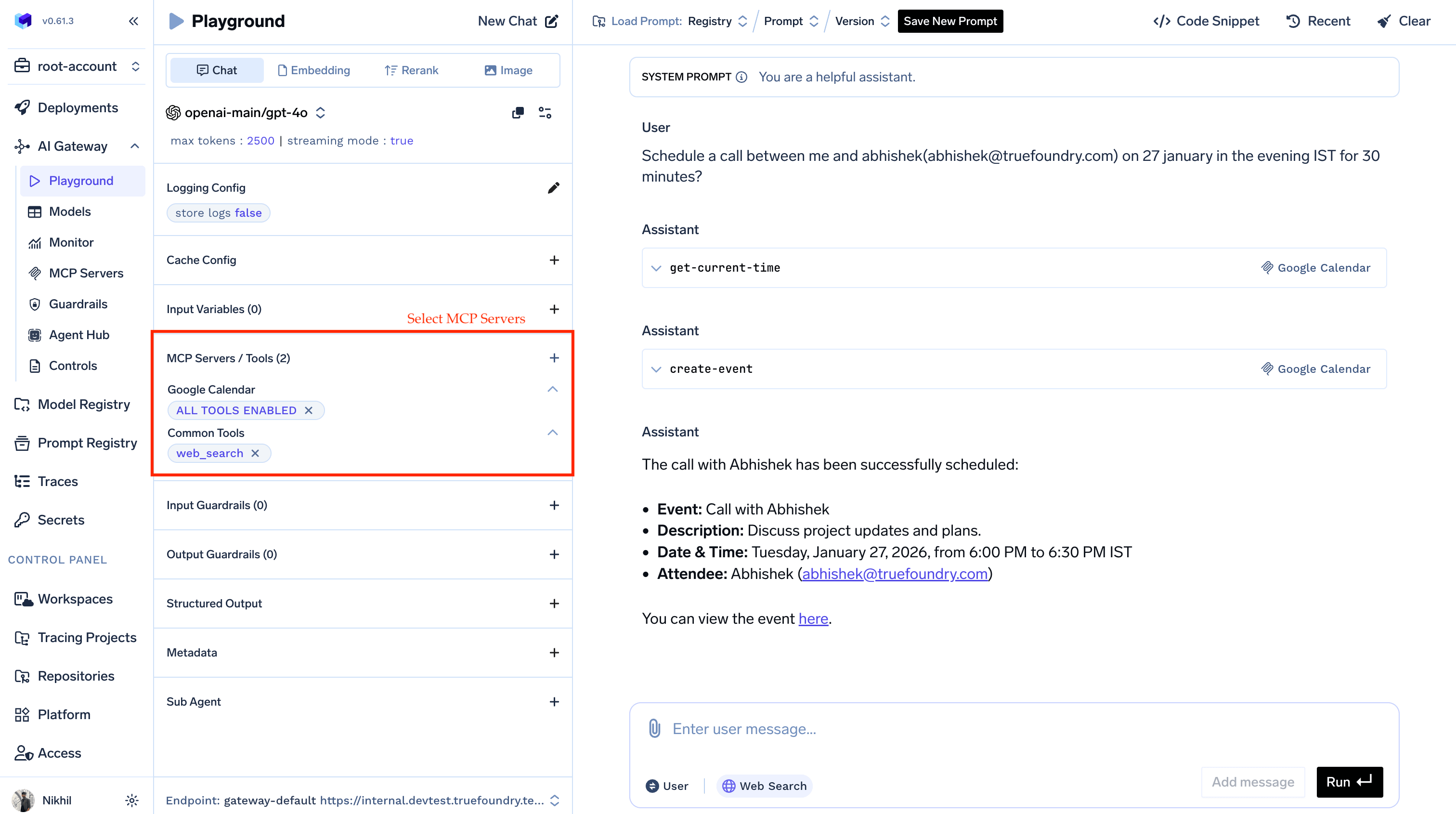 TrueFoundry Playground full view