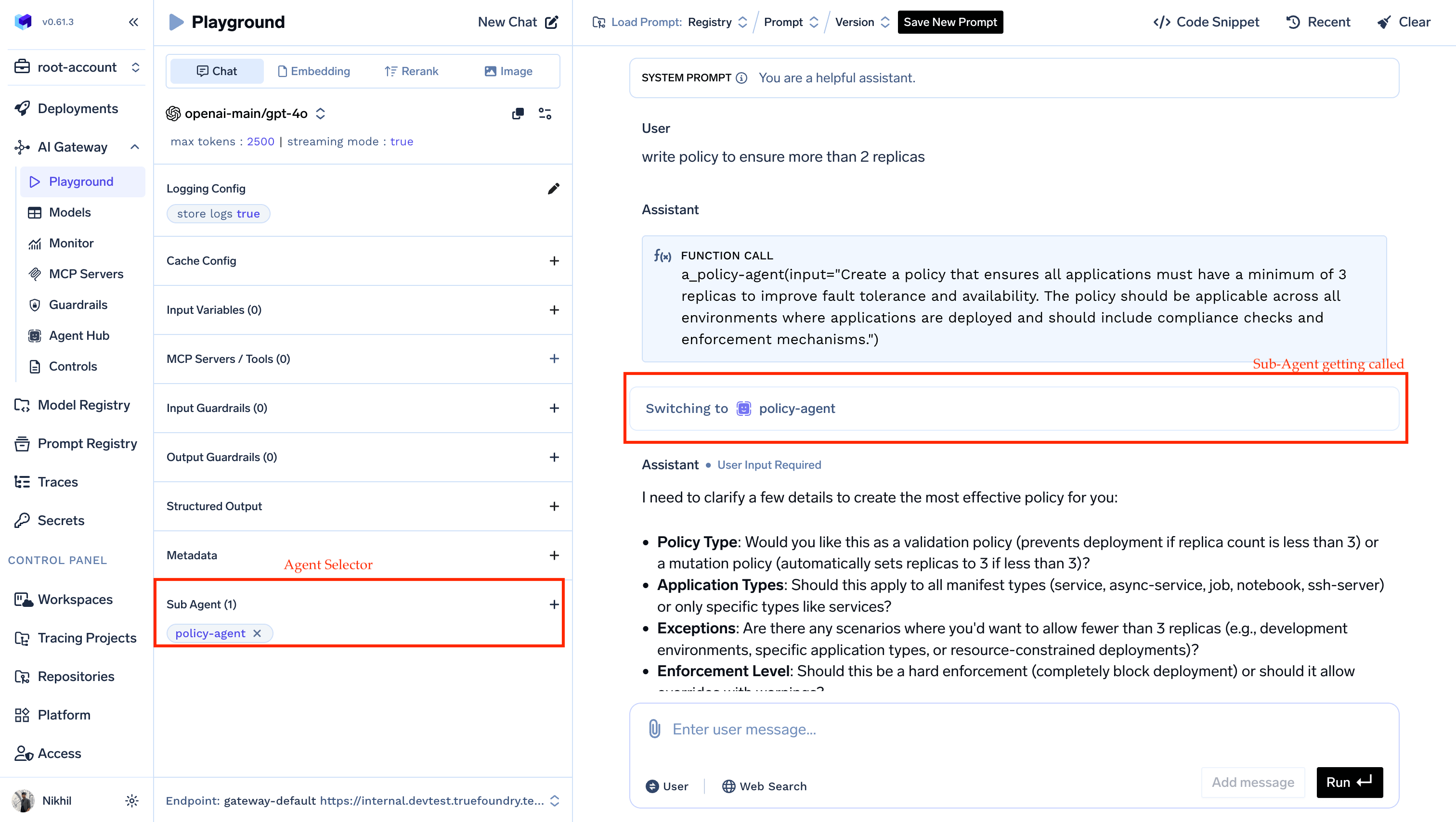Sub-agents option in playground