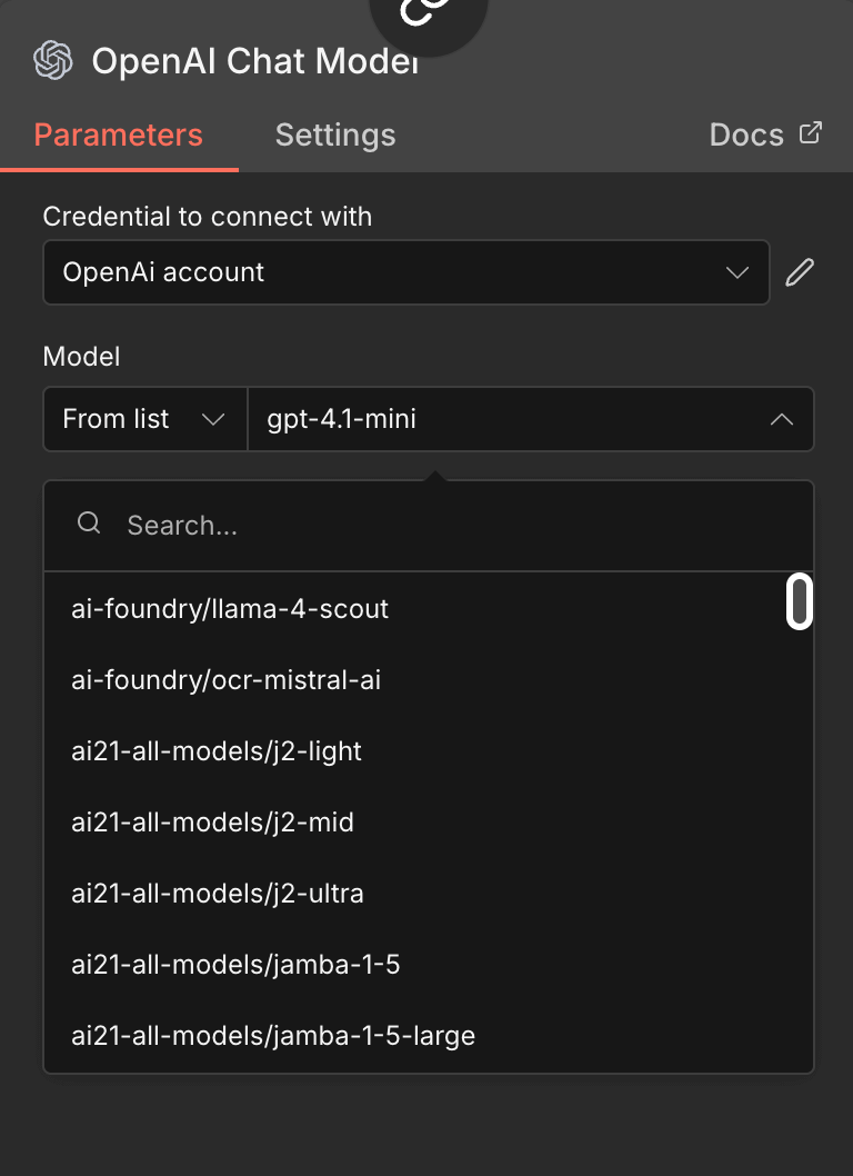 n8n OpenAI Chat Model configuration showing model selection dropdown with all available models from TrueFoundry