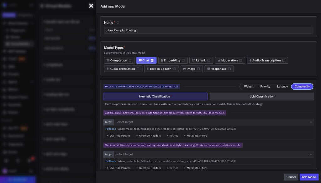 Add new Model form showing Name, Model Types with Chat selected, and Complexity chosen as the routing type