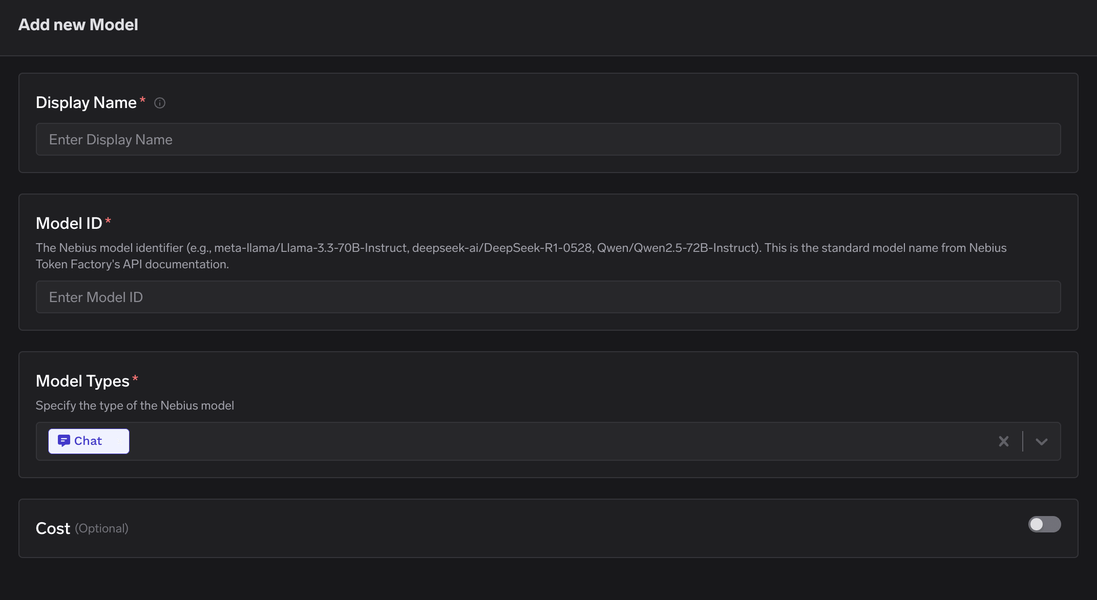 Model addition form for Nebius with fields for Display Name, Model ID, and Model Types set to Chat