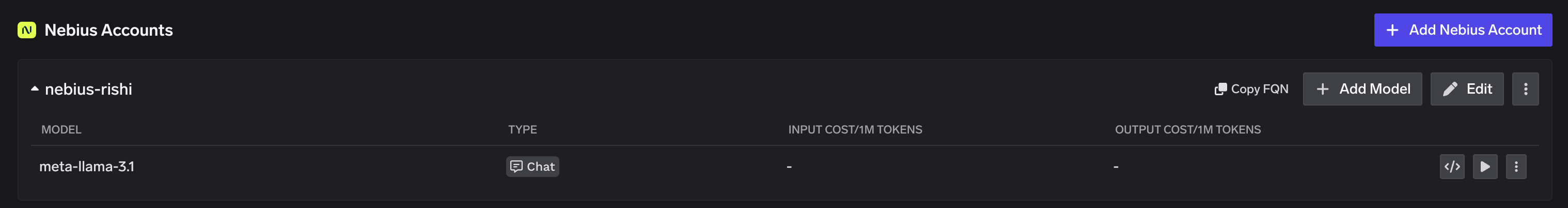 Nebius Accounts list with Add Model, code snippet, and Try in Playground buttons for each model