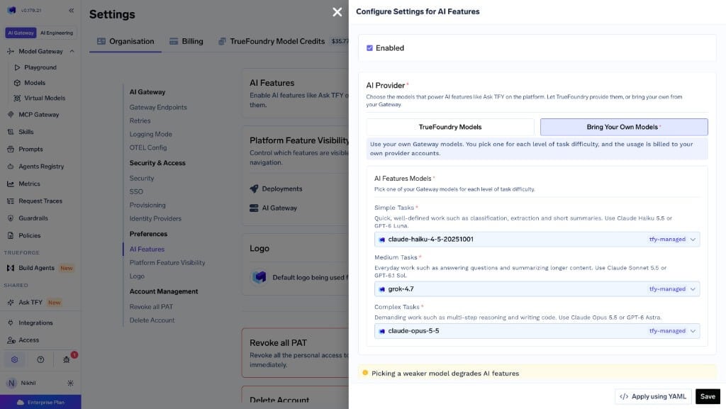 Configure Settings for AI Features with Bring Your Own Models and Simple, Medium, and Complex task model pickers