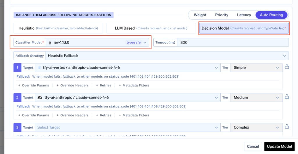 Auto Routing with Decision Model selected, TypeSafe jev-1.13.0 as classifier, 800 ms timeout, and Simple Medium Complex targets