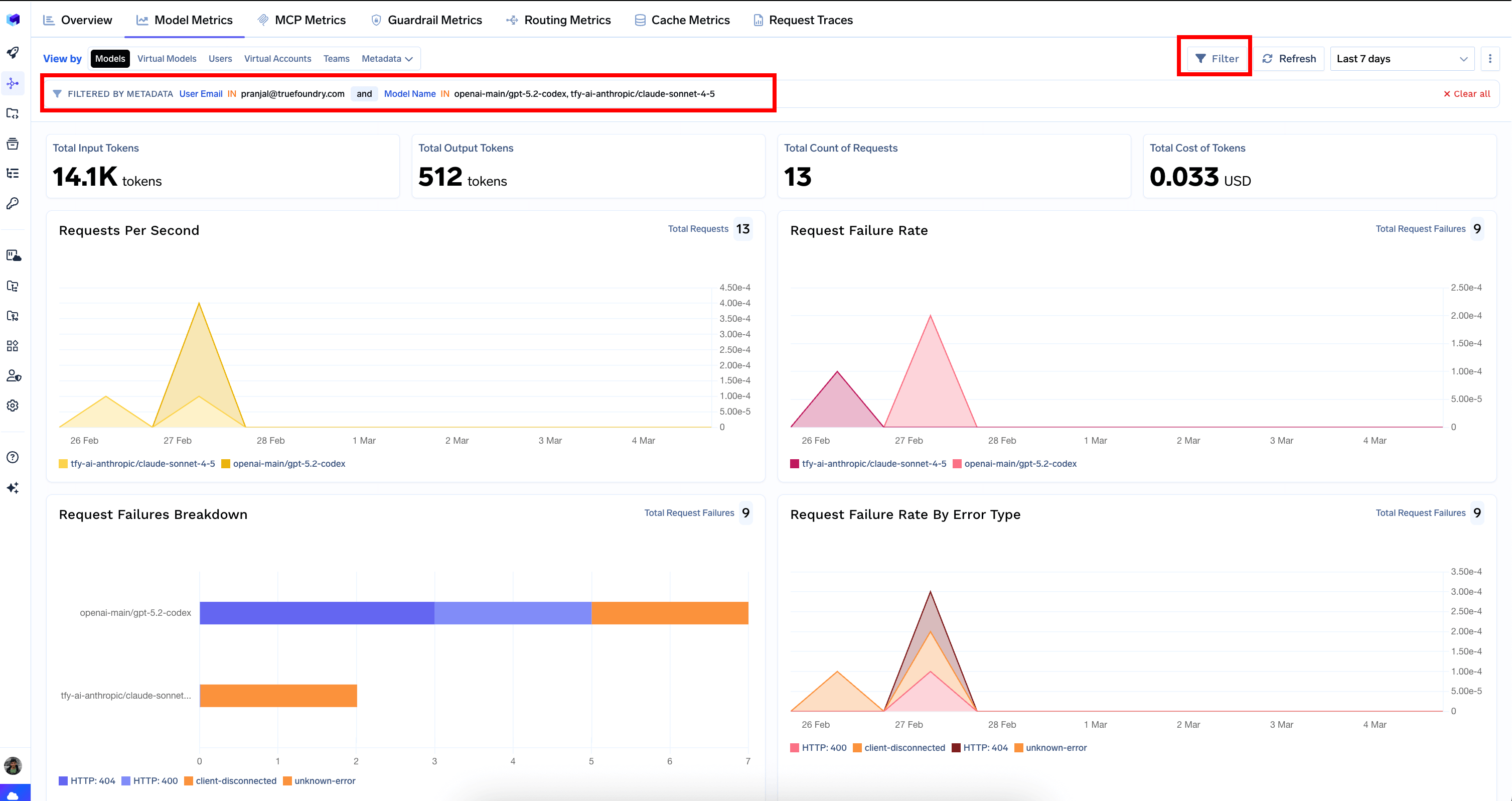 Model Metrics tab with filters applied showing filtered results for a specific user and model