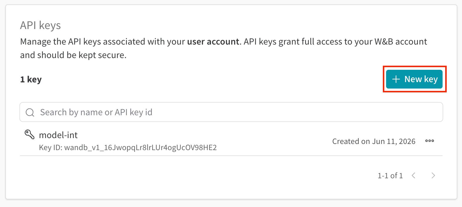 Creating a new API key in W&B settings