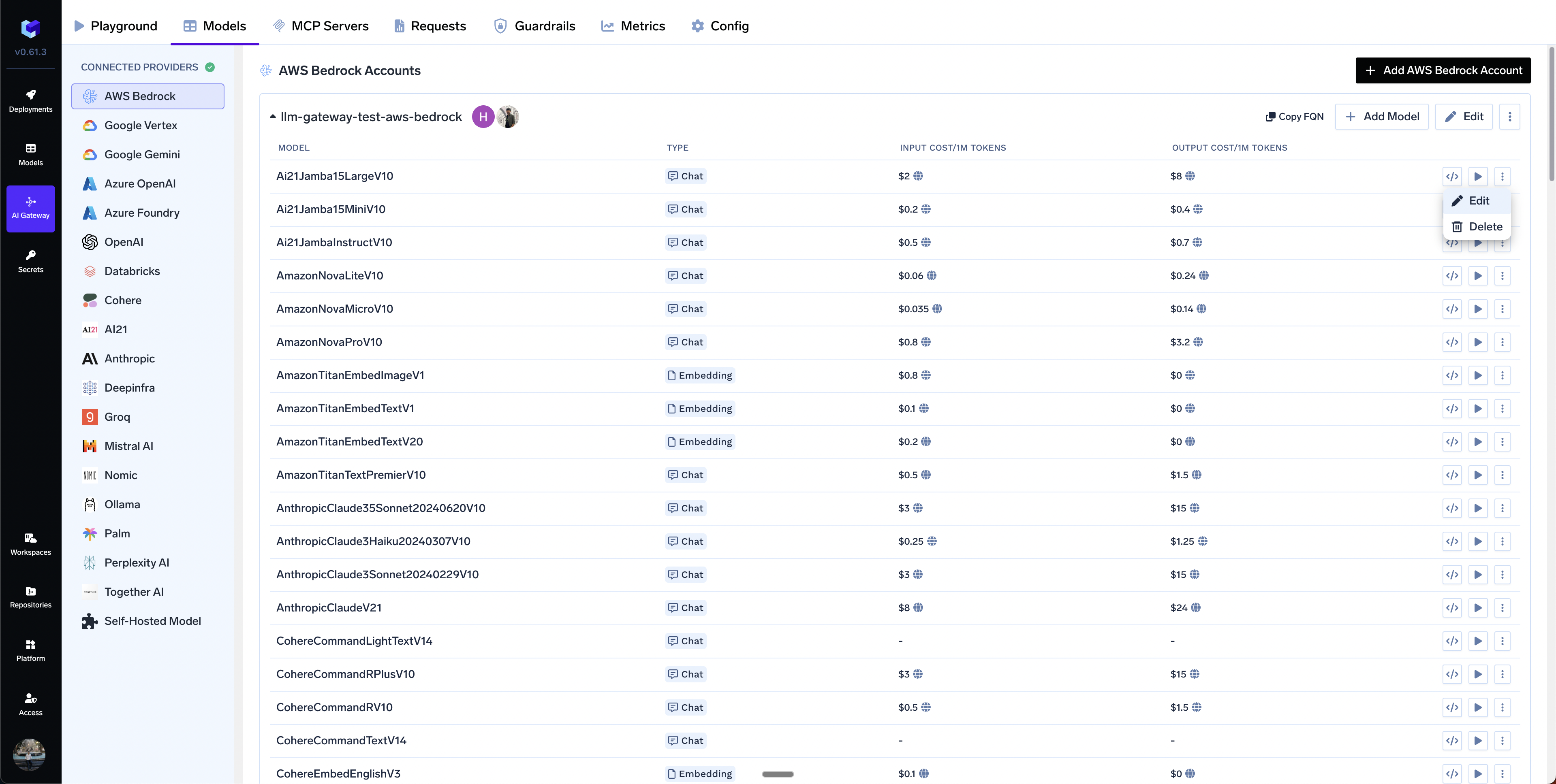 Edit model button and interface for AWS Bedrock model