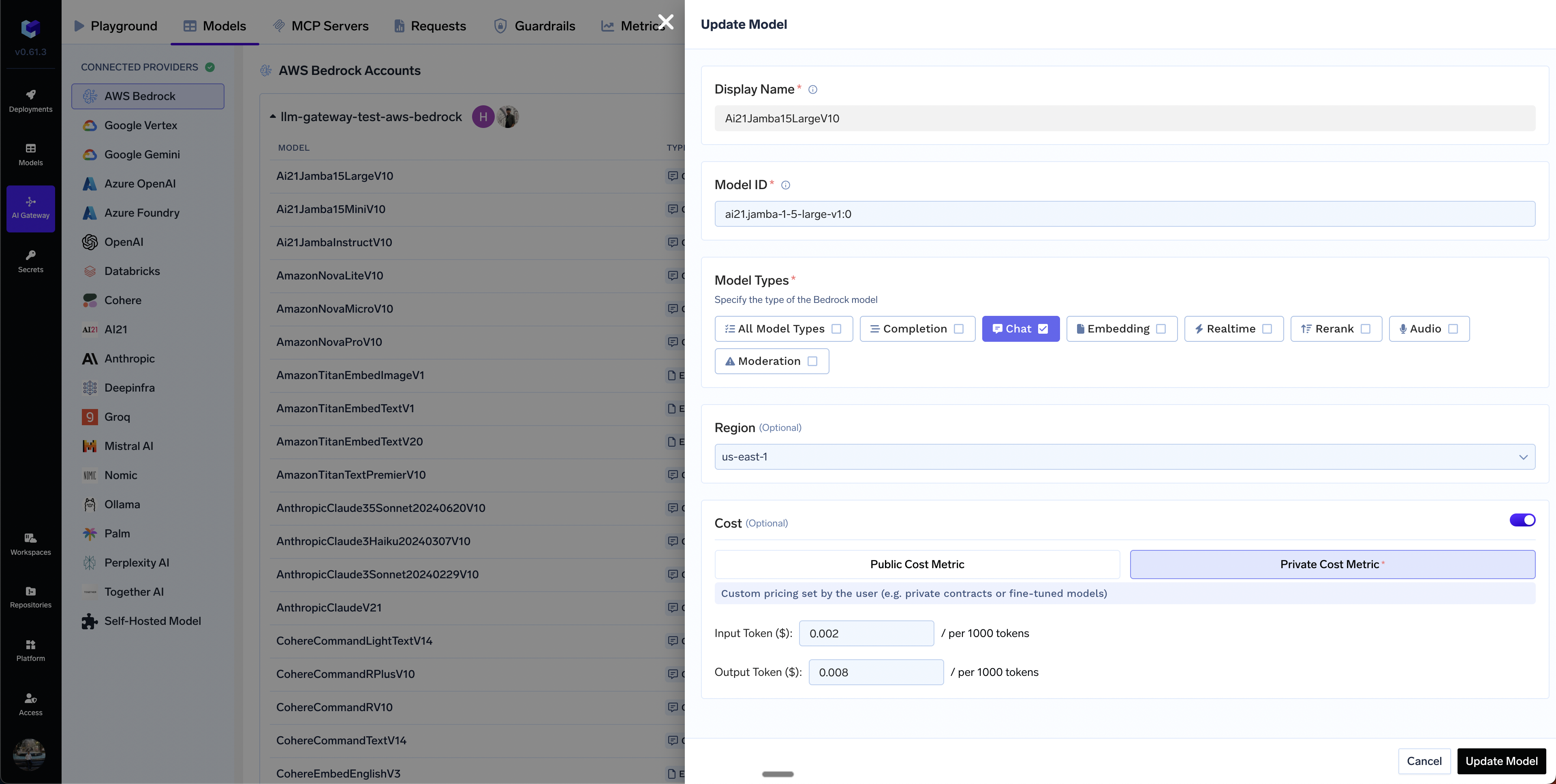 Custom cost metric configuration form with input fields for pricing