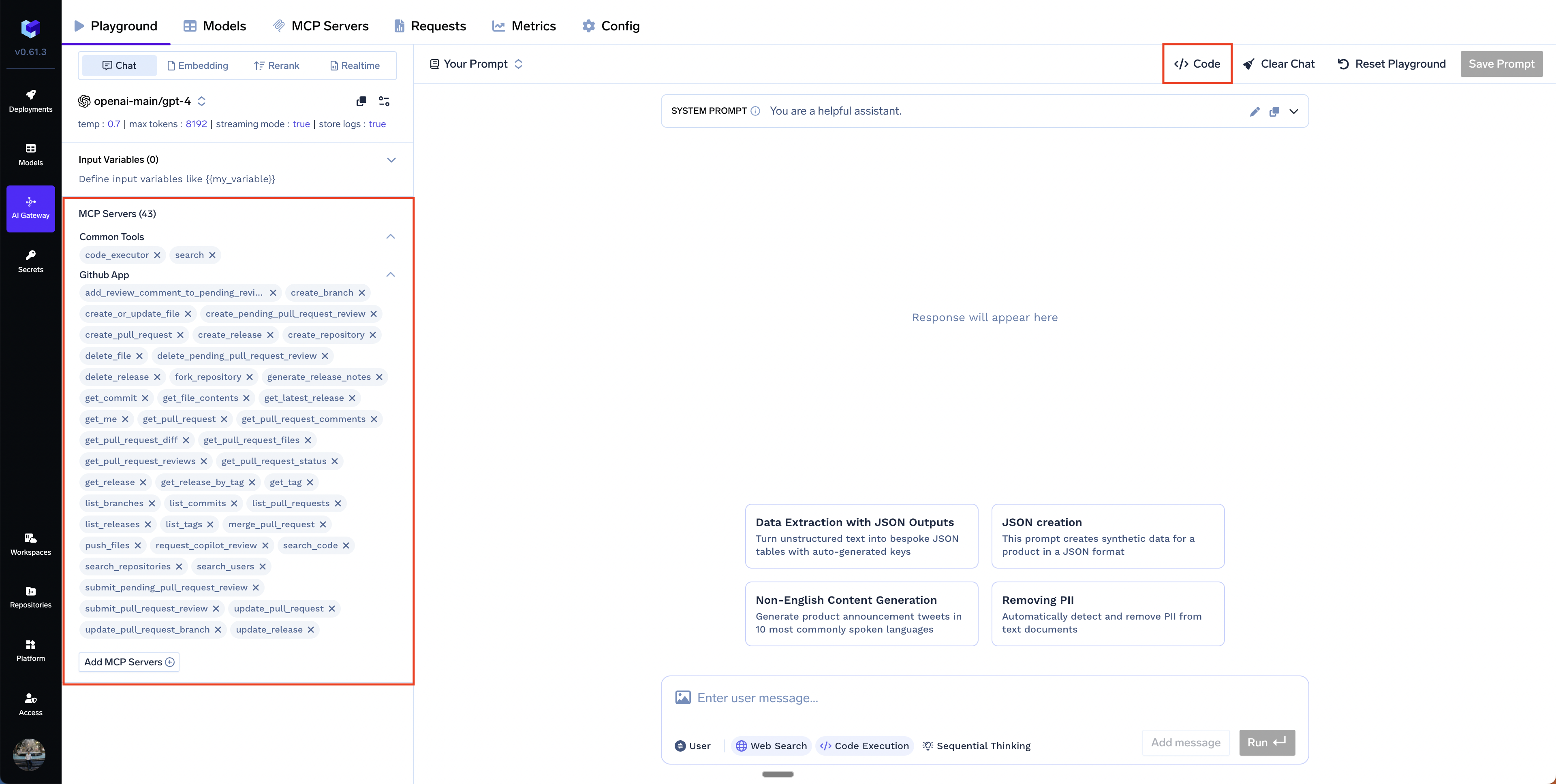 TrueFoundry AI Gateway interface showing the API Code Snippet button