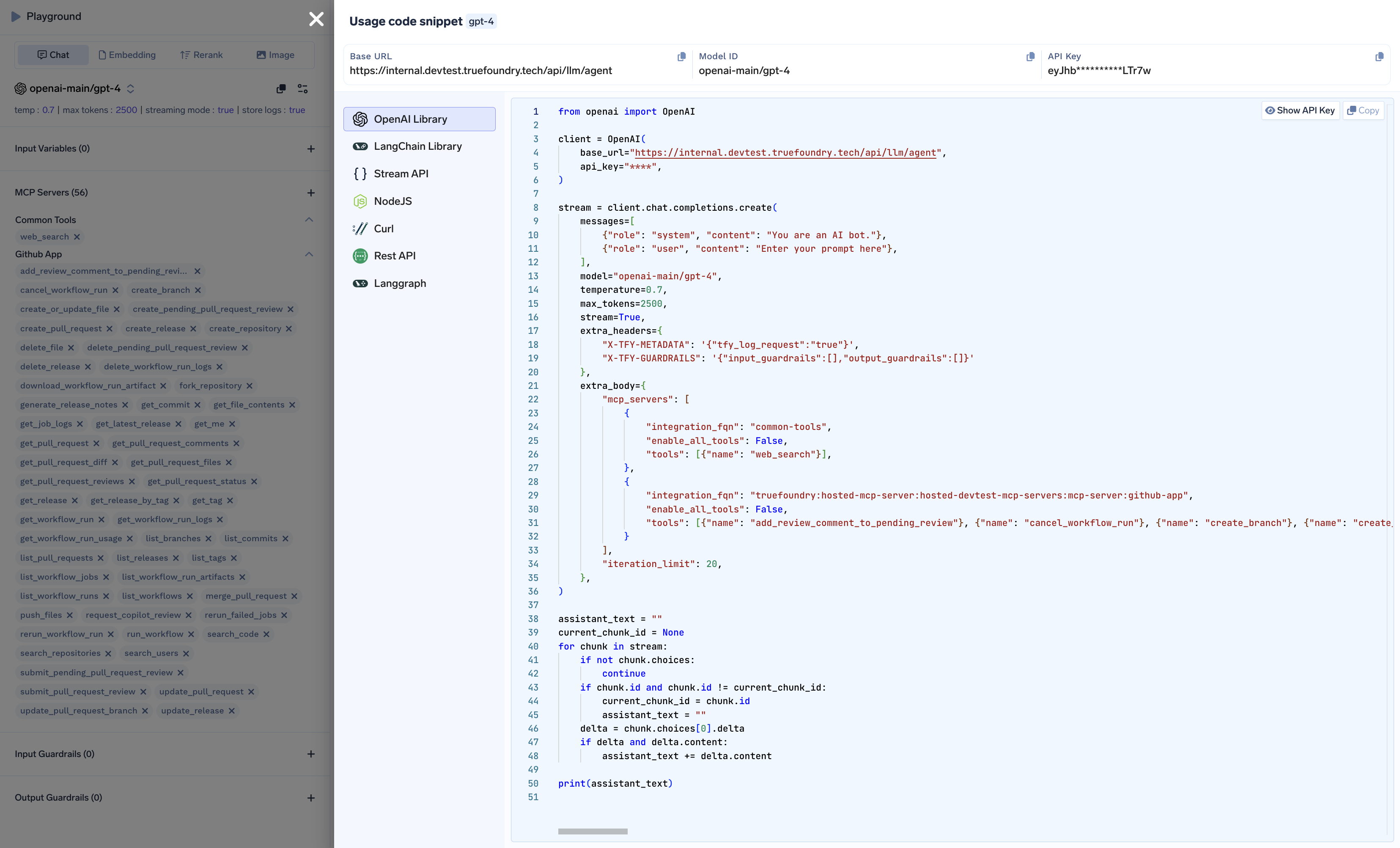 Generated code snippet for using the Agent API with MCP servers