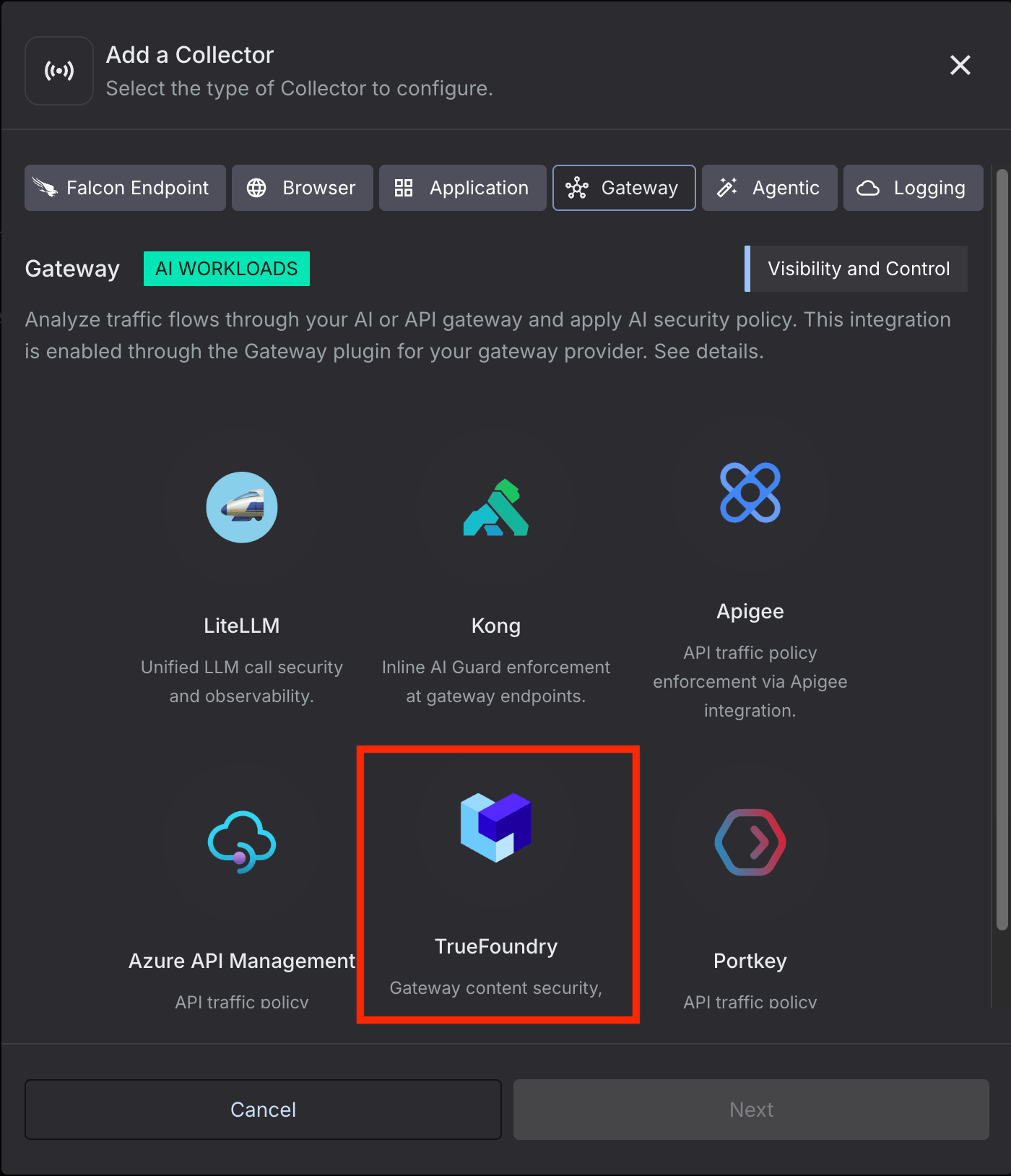 Falcon Add a Collector dialog on the Gateway tab with the TrueFoundry card selected