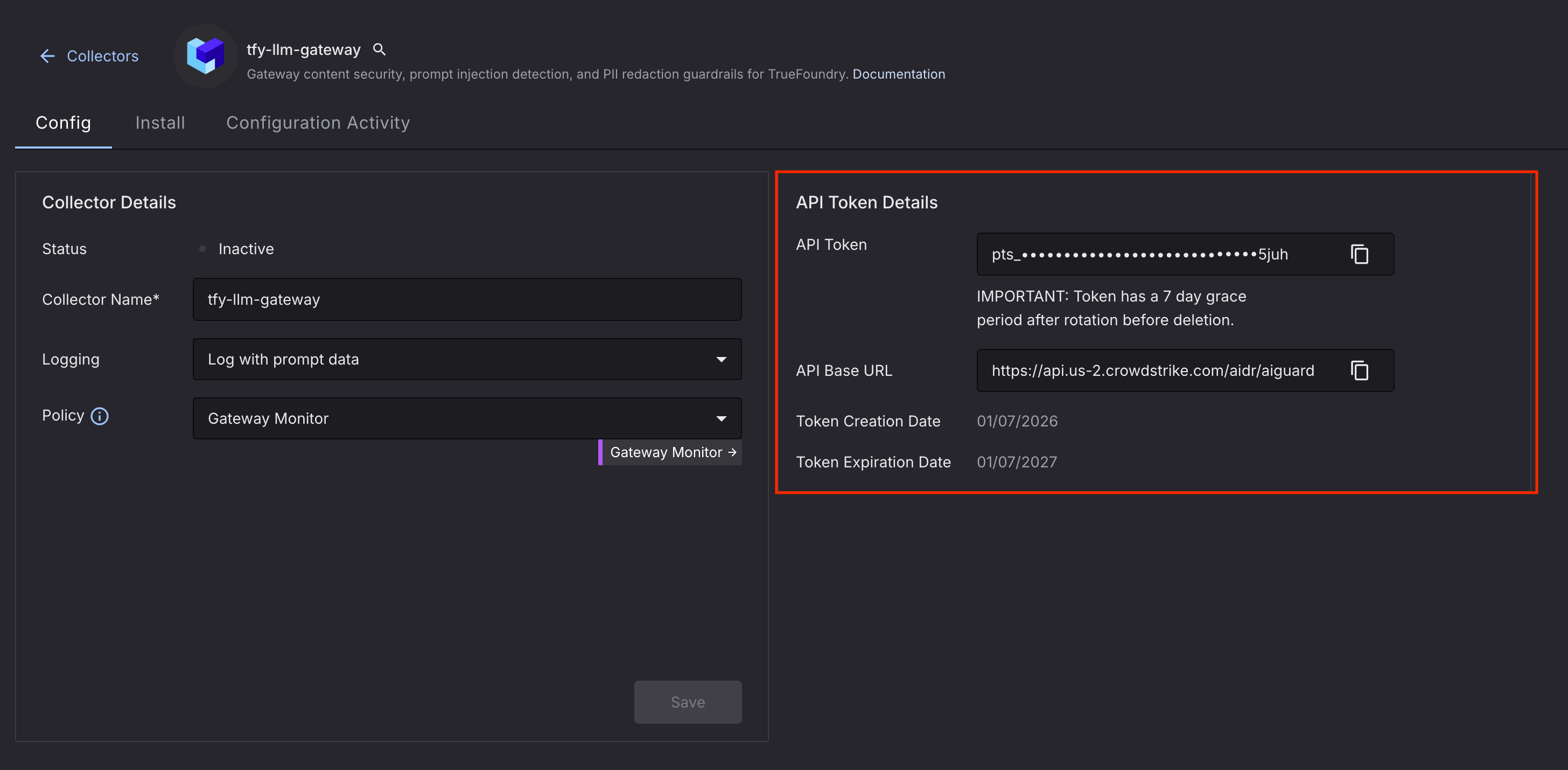 Falcon collector configuration showing API Token Details with API Token, API Base URL, and token expiration dates