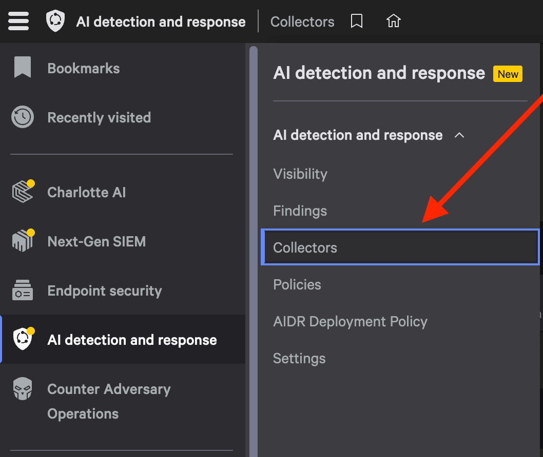 Falcon console left-hand navigation with AI detection and response expanded and Collectors highlighted