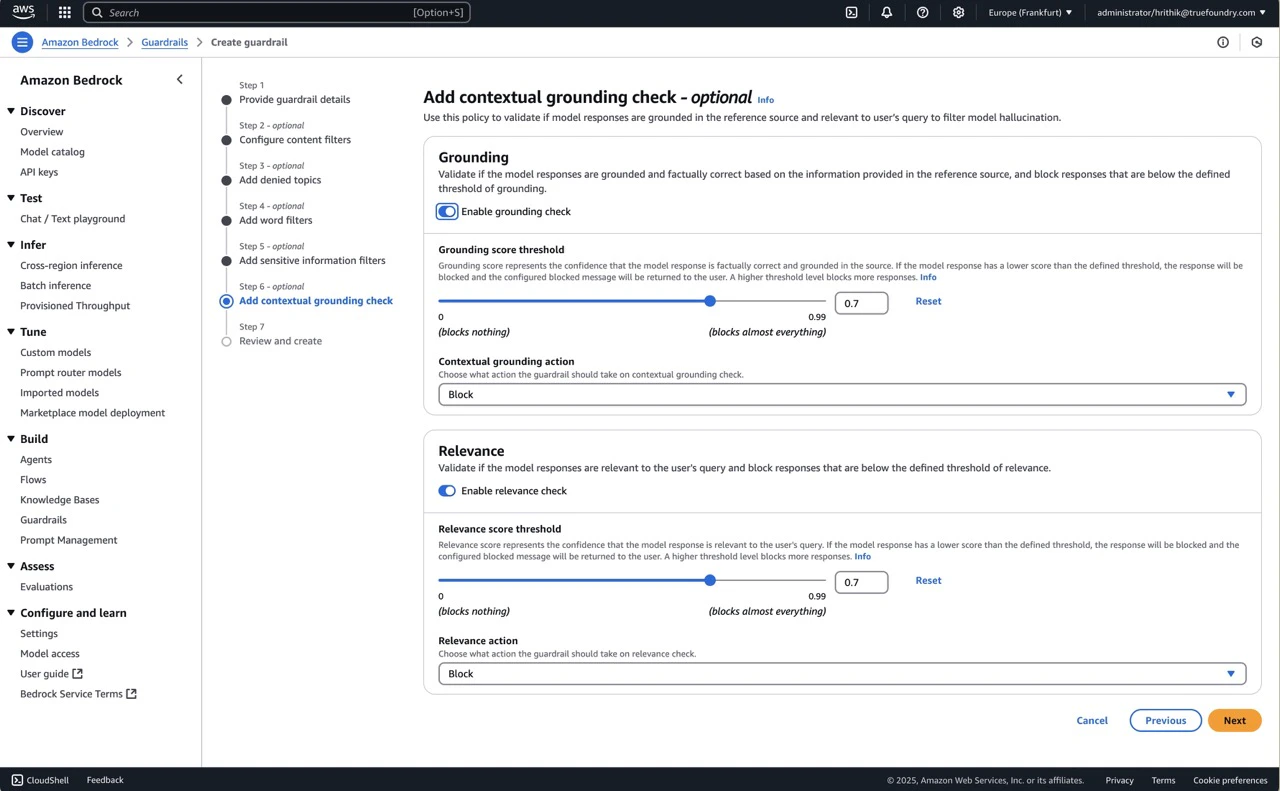 AWS Bedrock Guardrail configuration interface showing grounding and relevance settings for hallucination detection