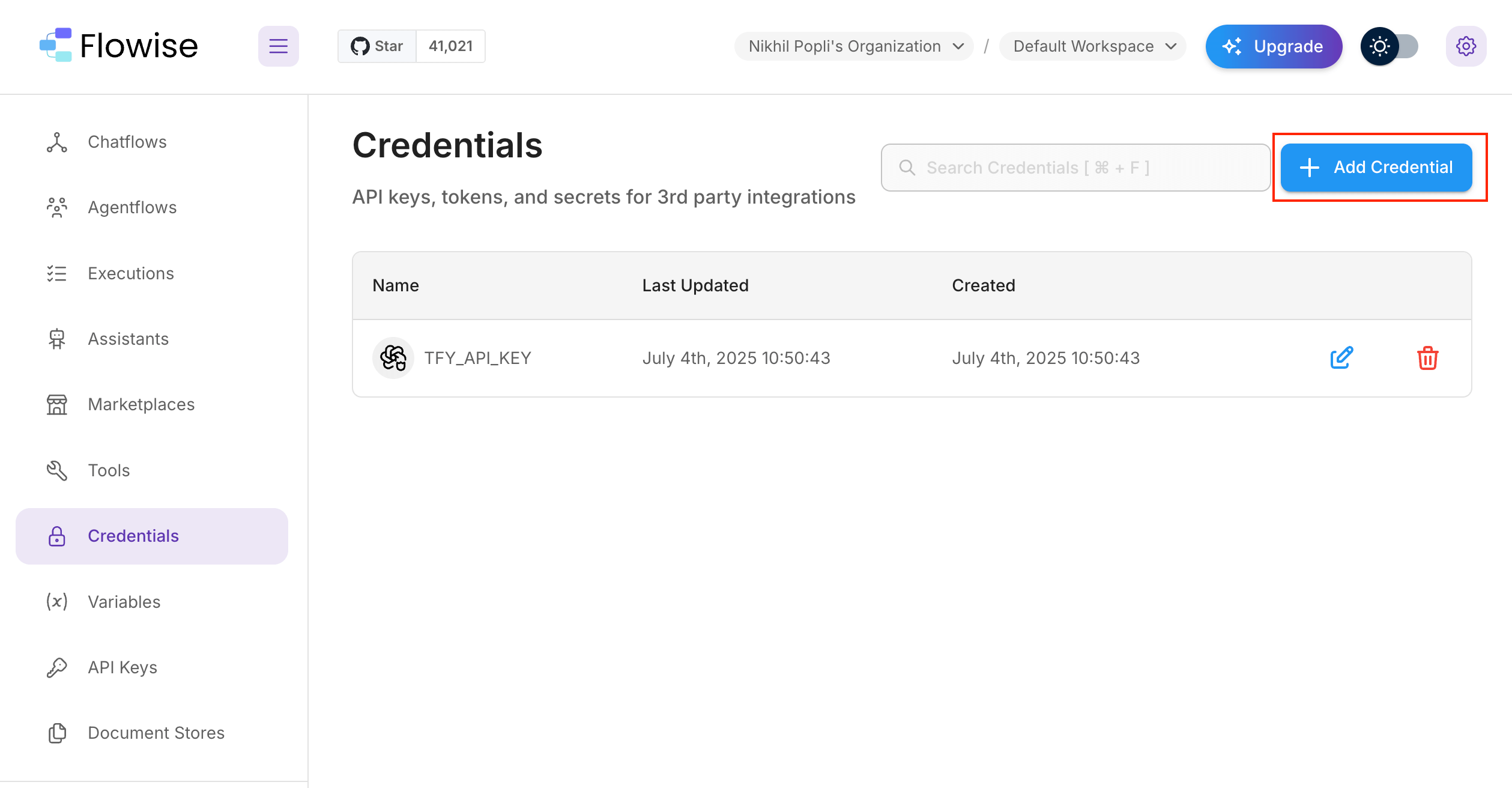 Flowise dashboard showing credentials section with add credential button