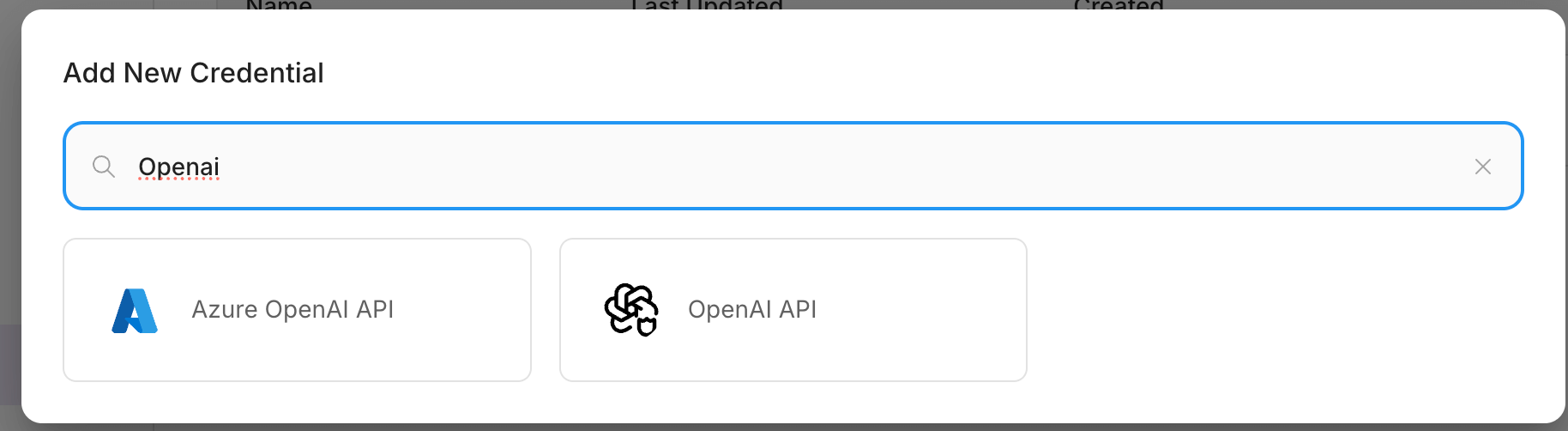 Flowise credential configuration screen with OpenAI API selected from dropdown menu