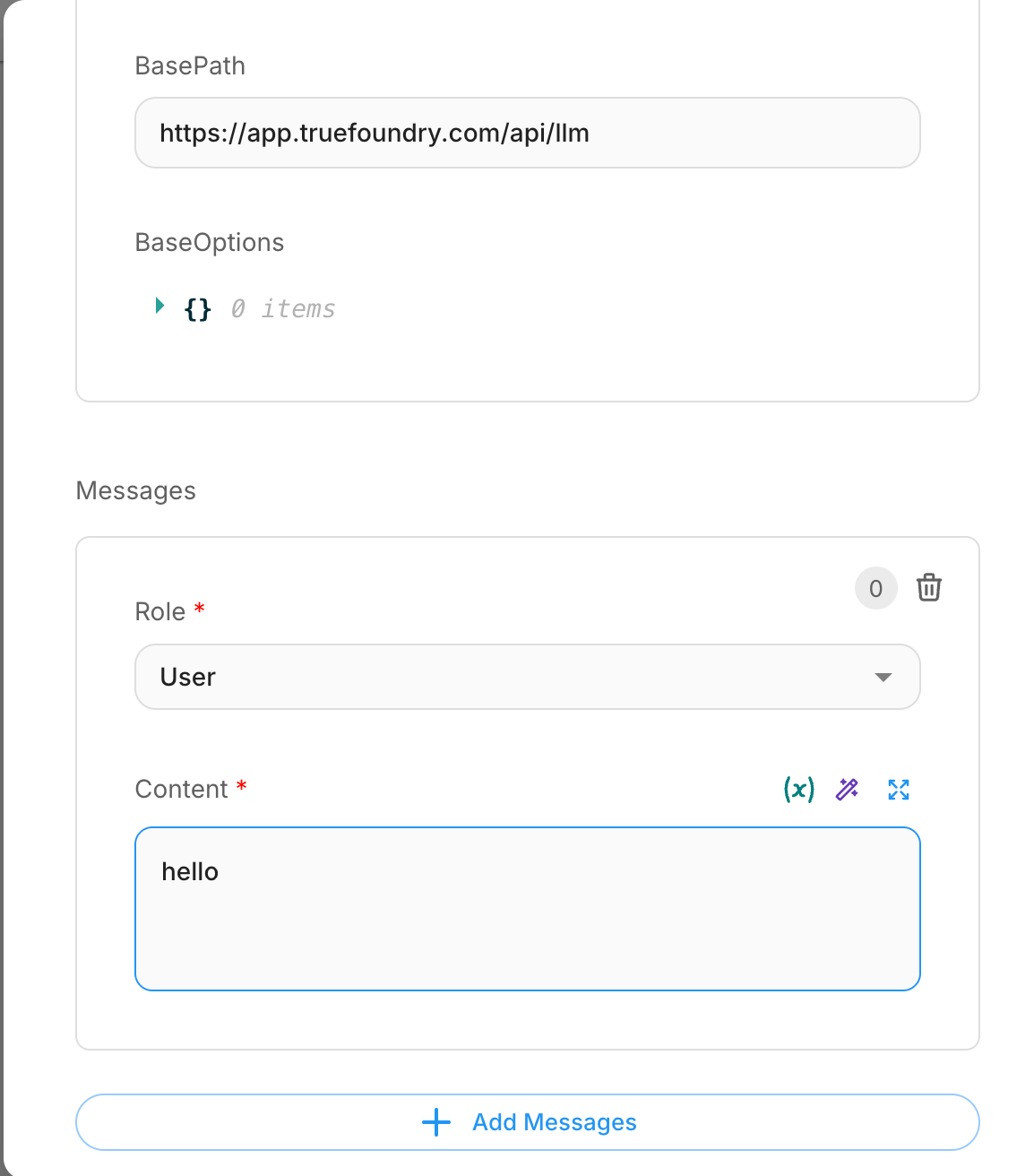 Flowise node configuration panel showing LLM settings with TrueFoundry credentials and model parameters